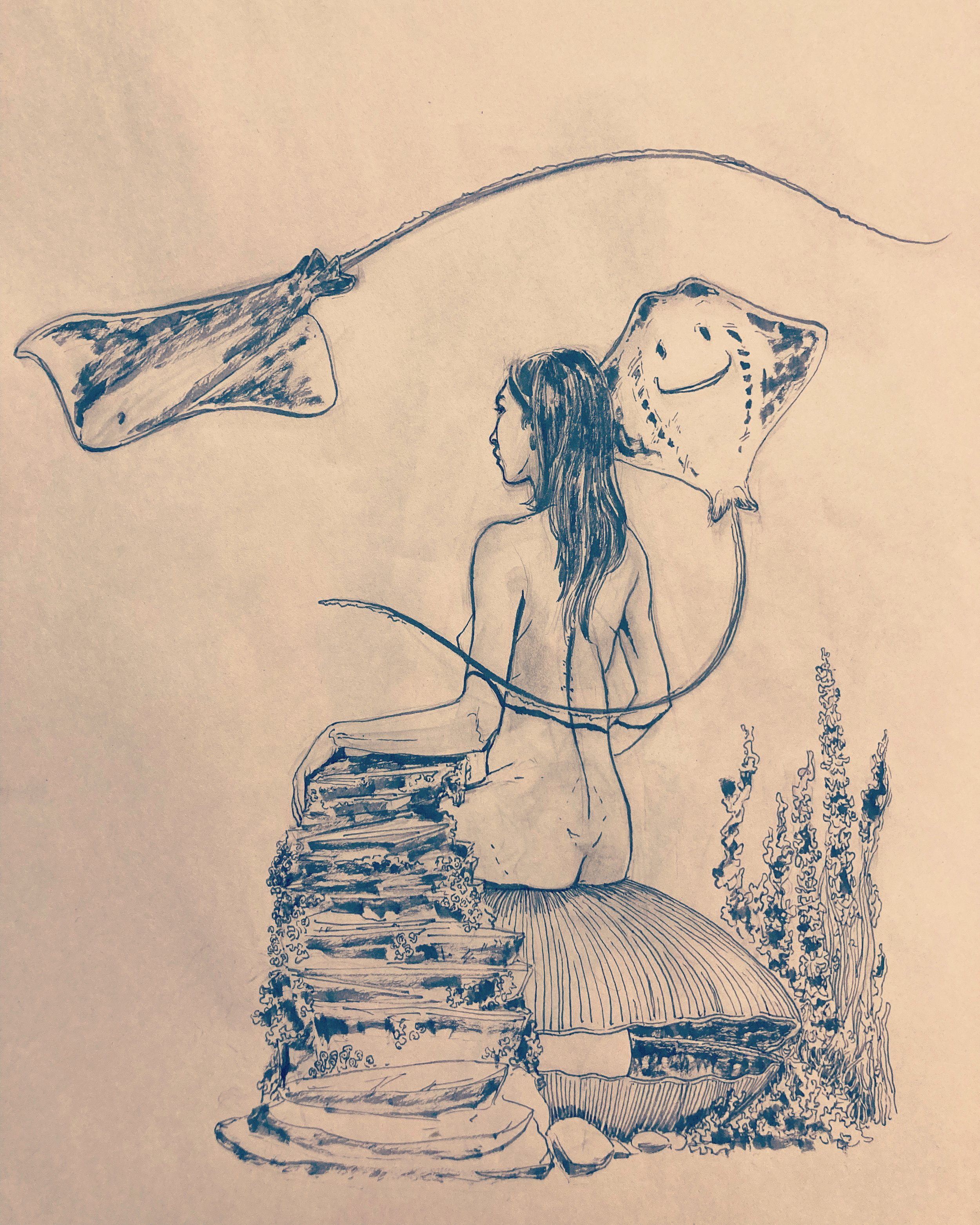 A woman with long hair is seated on a step, holding a string that is attached to a kite with a smiley face. The kite is flying in the air above her, with other kites and swirls in the background.