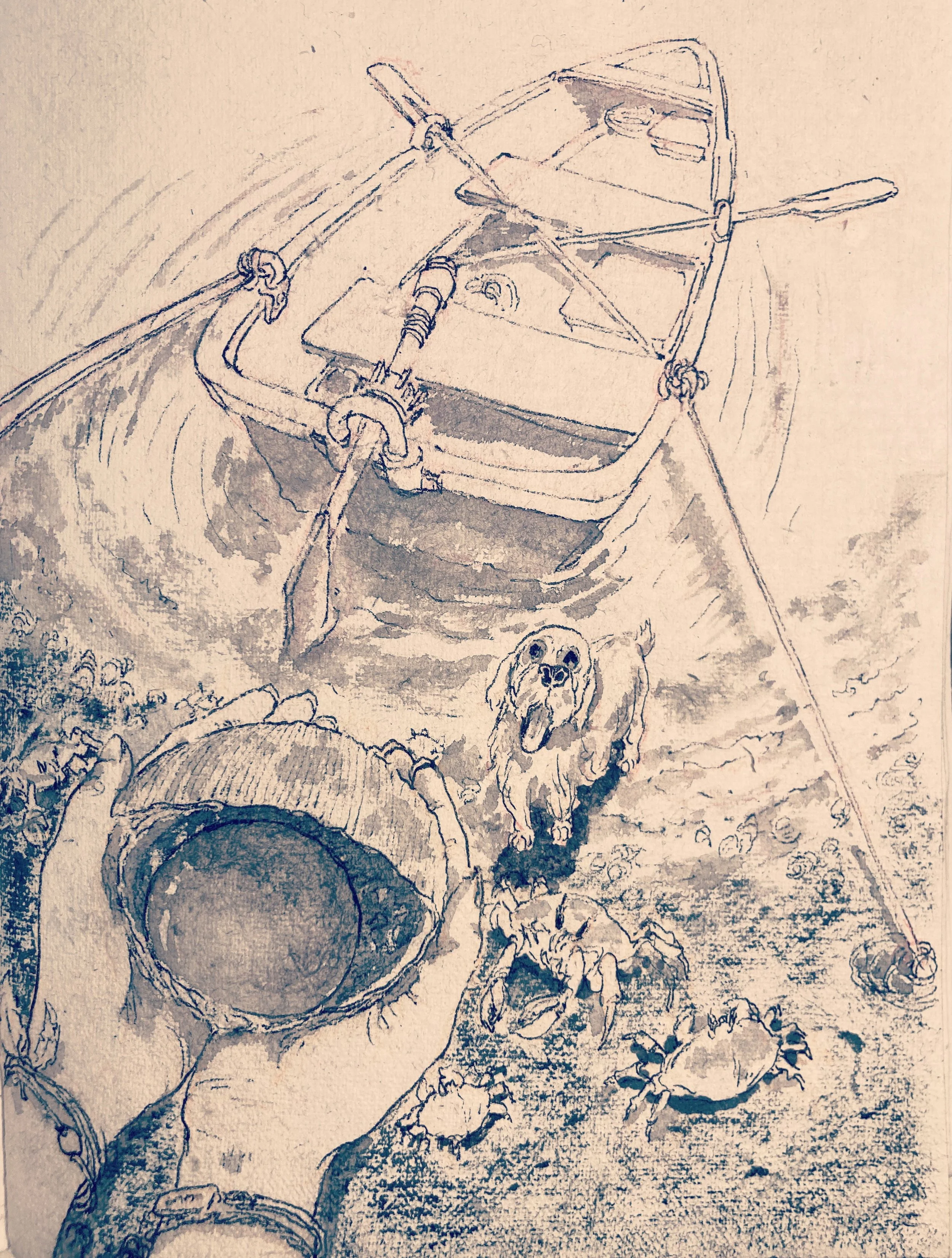 A detailed sketch of a boat on water, with ropes, a dog near the base of the boat, and a large pipe or tube lying on the ground nearby.