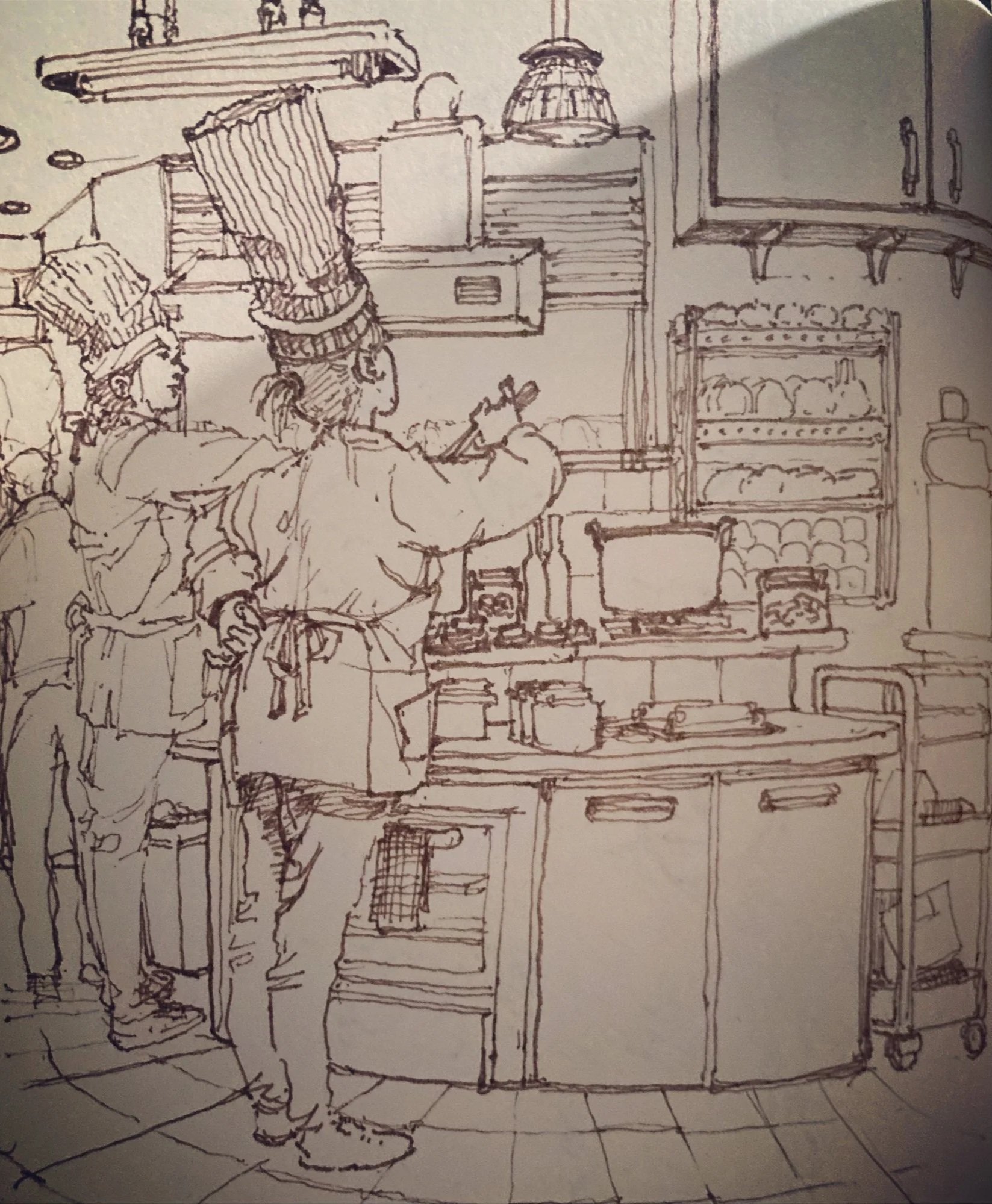 A sketch of a kitchen scene with a person wearing a chef's hat preparing food at a counter, surrounded by various shelves and cabinets filled with kitchen items.