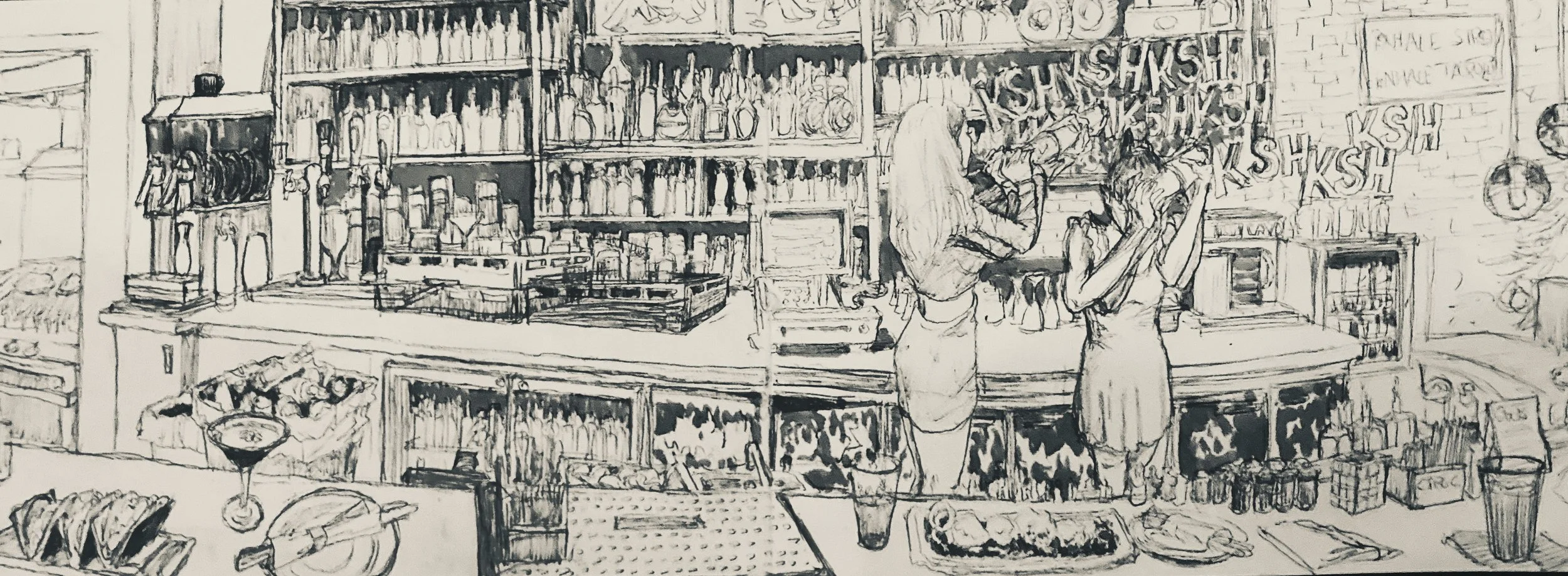 A sketch of a bar or restaurant interior with shelves of bottles and glasses, two women with long hair standing at the counter, and various drinks and food items on the bar surface.