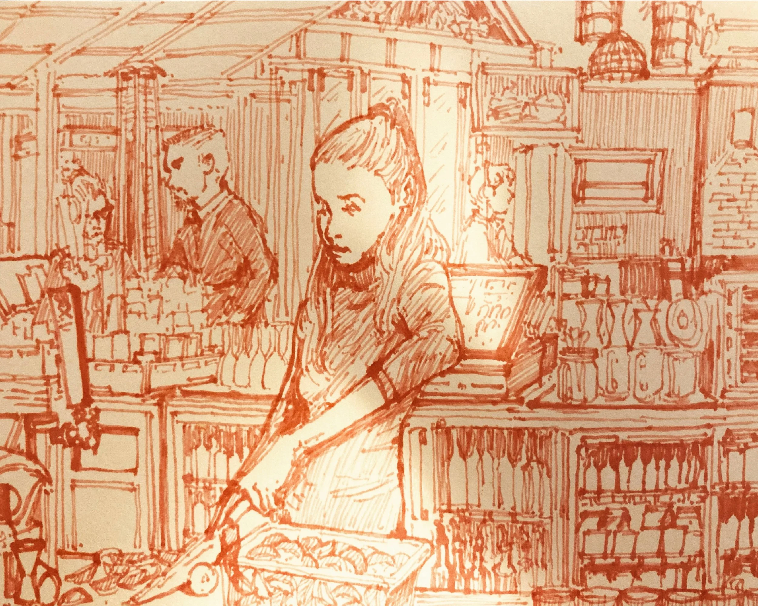 Drawing of people inside a building, possibly a bookstore or library, with shelves and framed artwork on the walls.