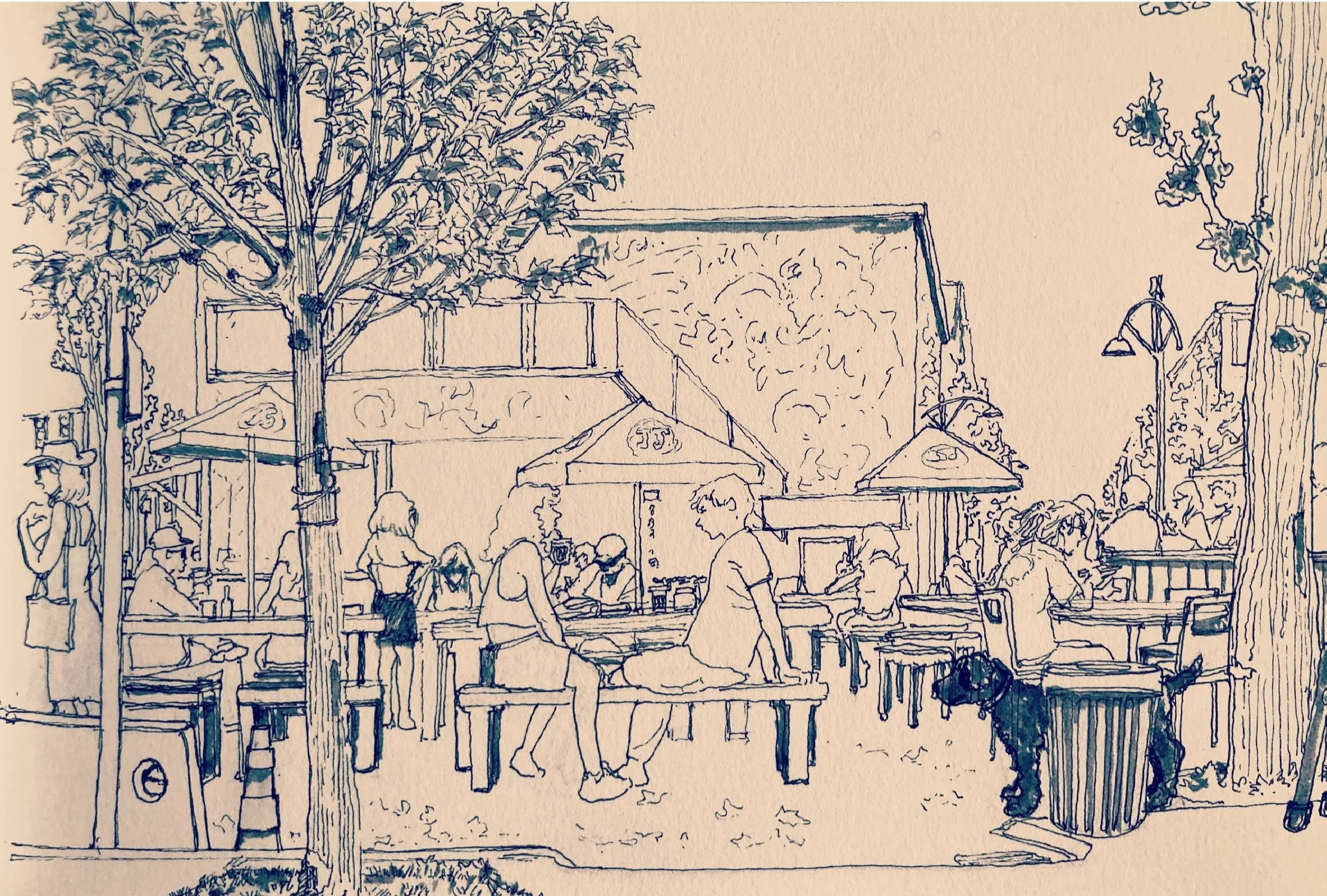 Sketch of an outdoor café scene with people sitting at tables, trees, and string lights.