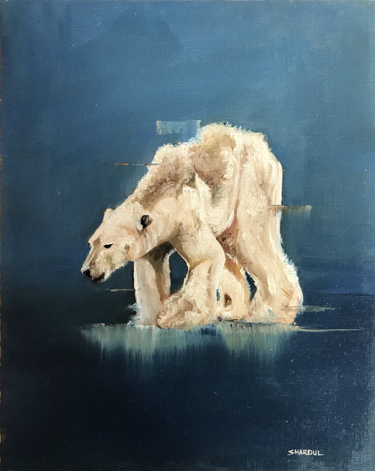 An oil painting of a white Labrador retriever puppy standing on a blue surface with a blue background.