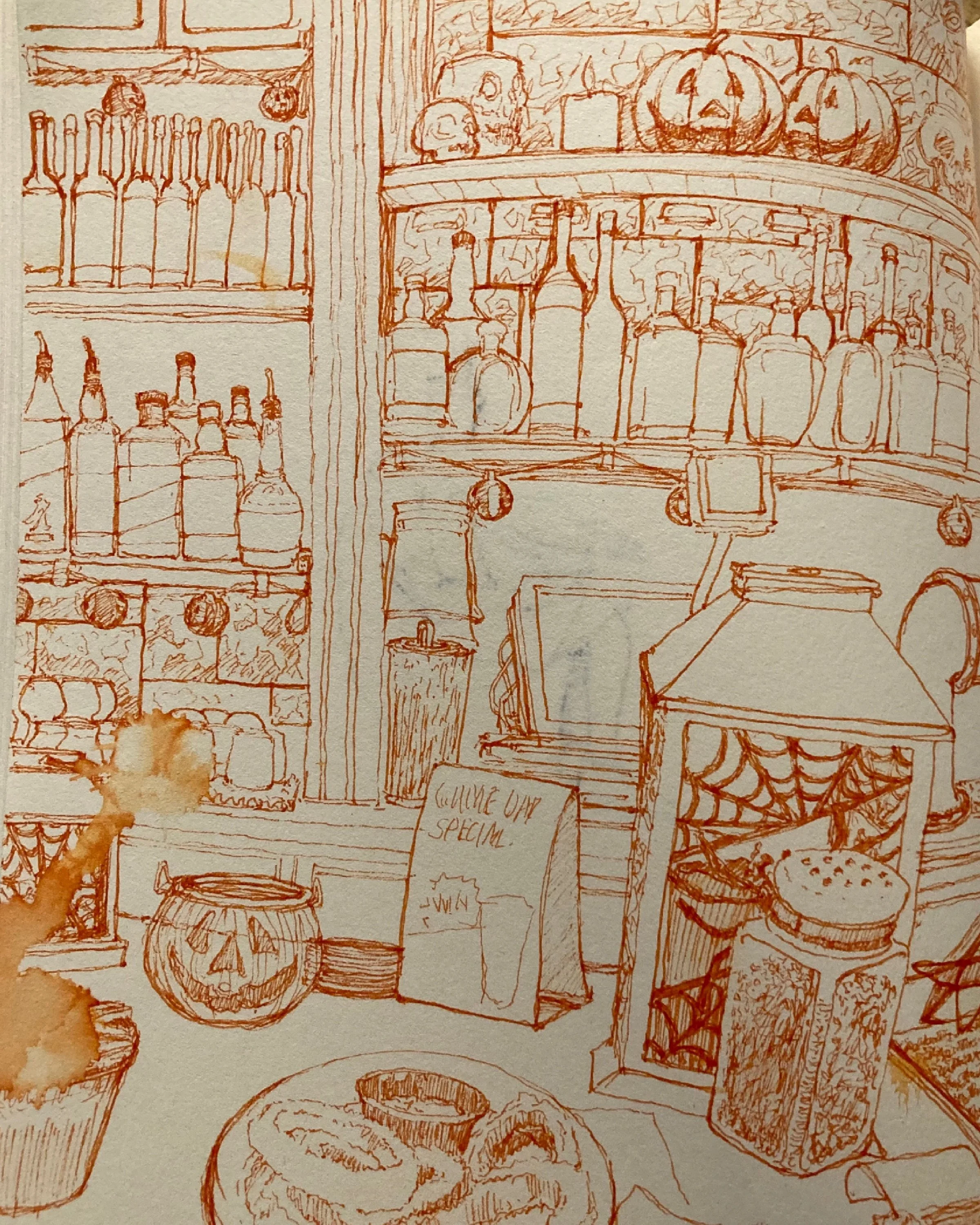 A detailed sketch of a bar or pub interior featuring shelves with bottles, pumpkins, skulls, and a variety of decorative Halloween-themed elements. There are signs, a chair, and what appears to be a swamp or forest scene incorporated into the design.