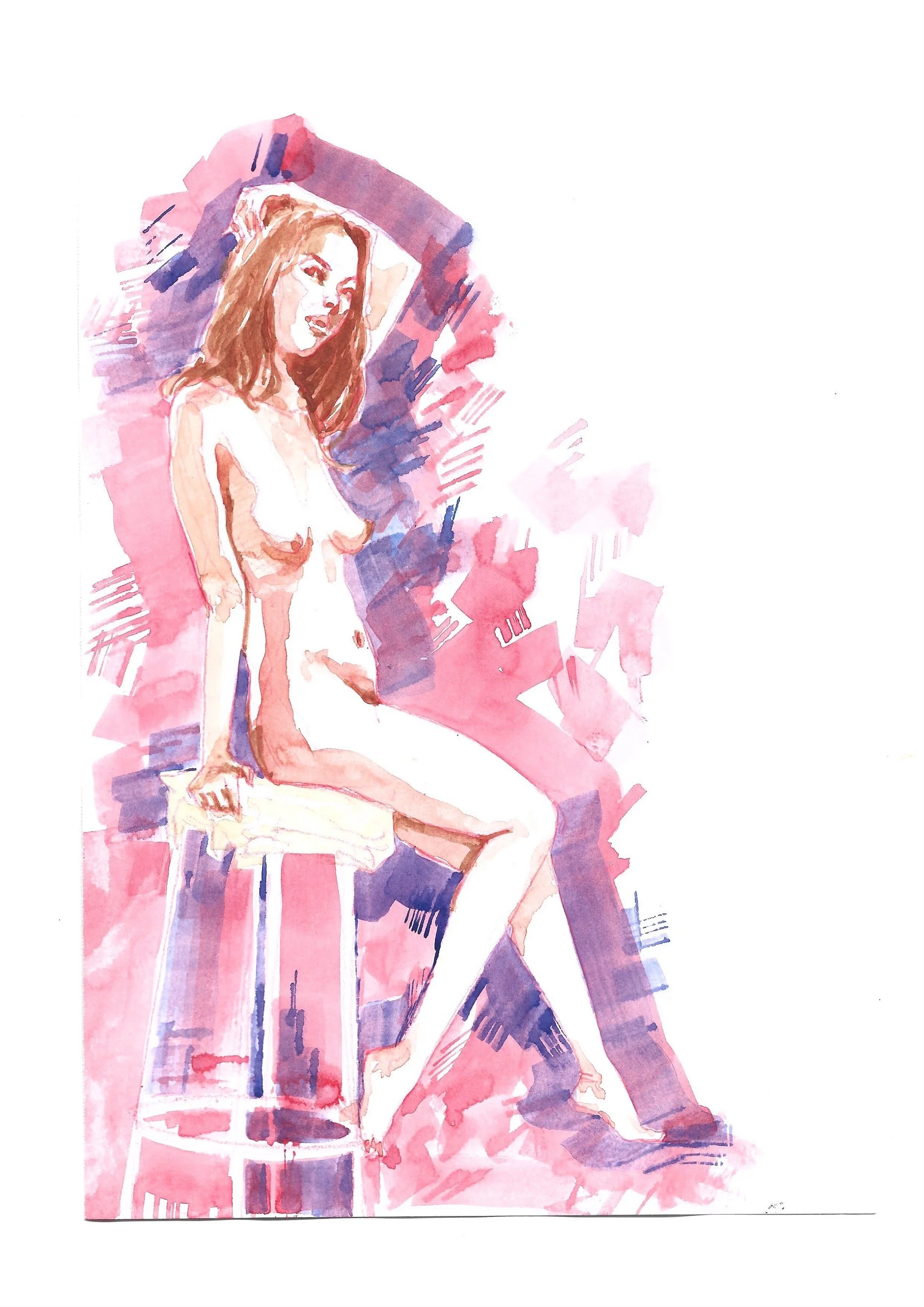 Watercolor painting of a shirtless woman with long hair sitting on a chair, smiling, with an abstract background in shades of pink and purple.