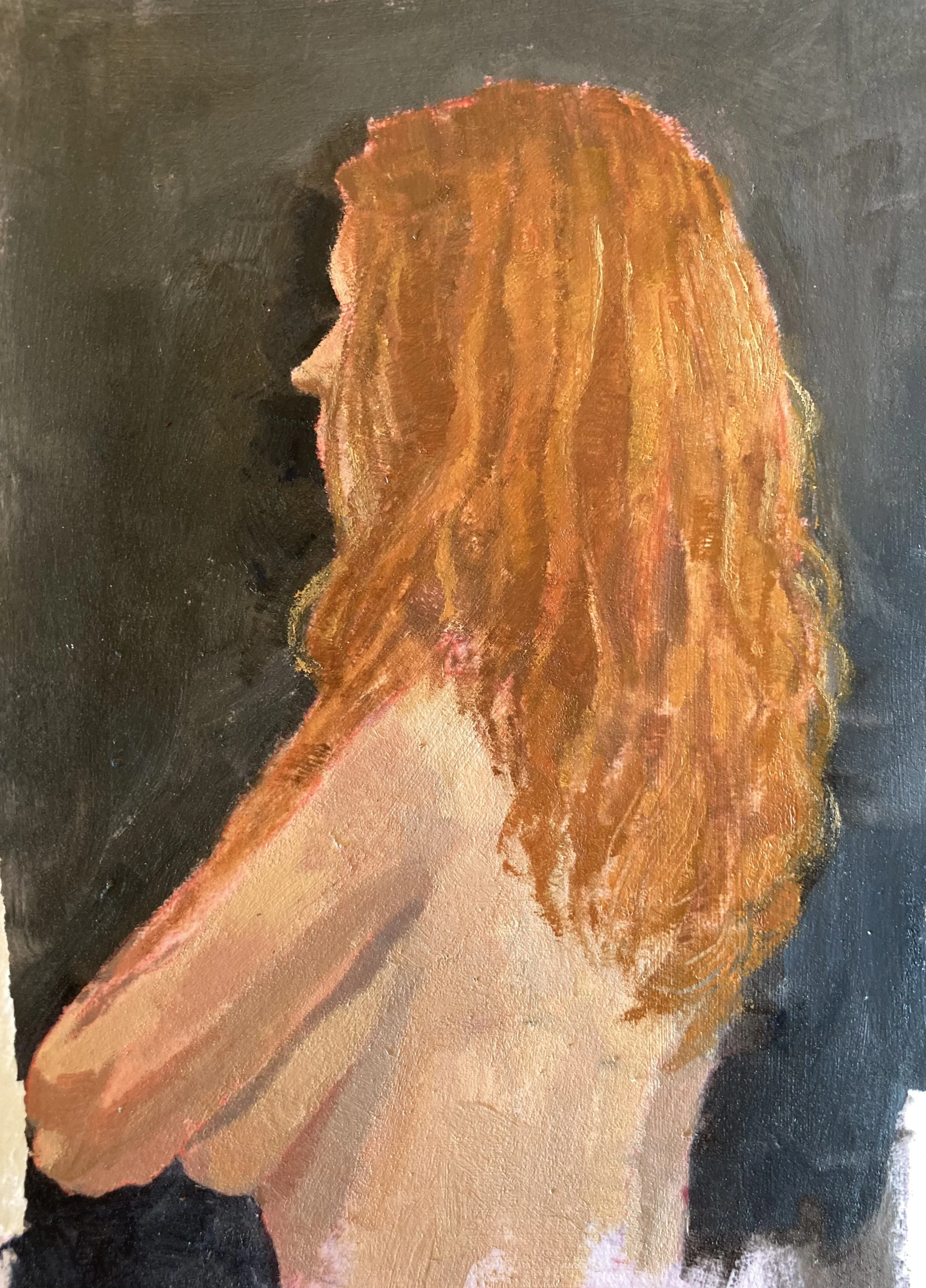 Portrait of a woman with long, orange-red hair painted with visible brushstrokes against a dark background.