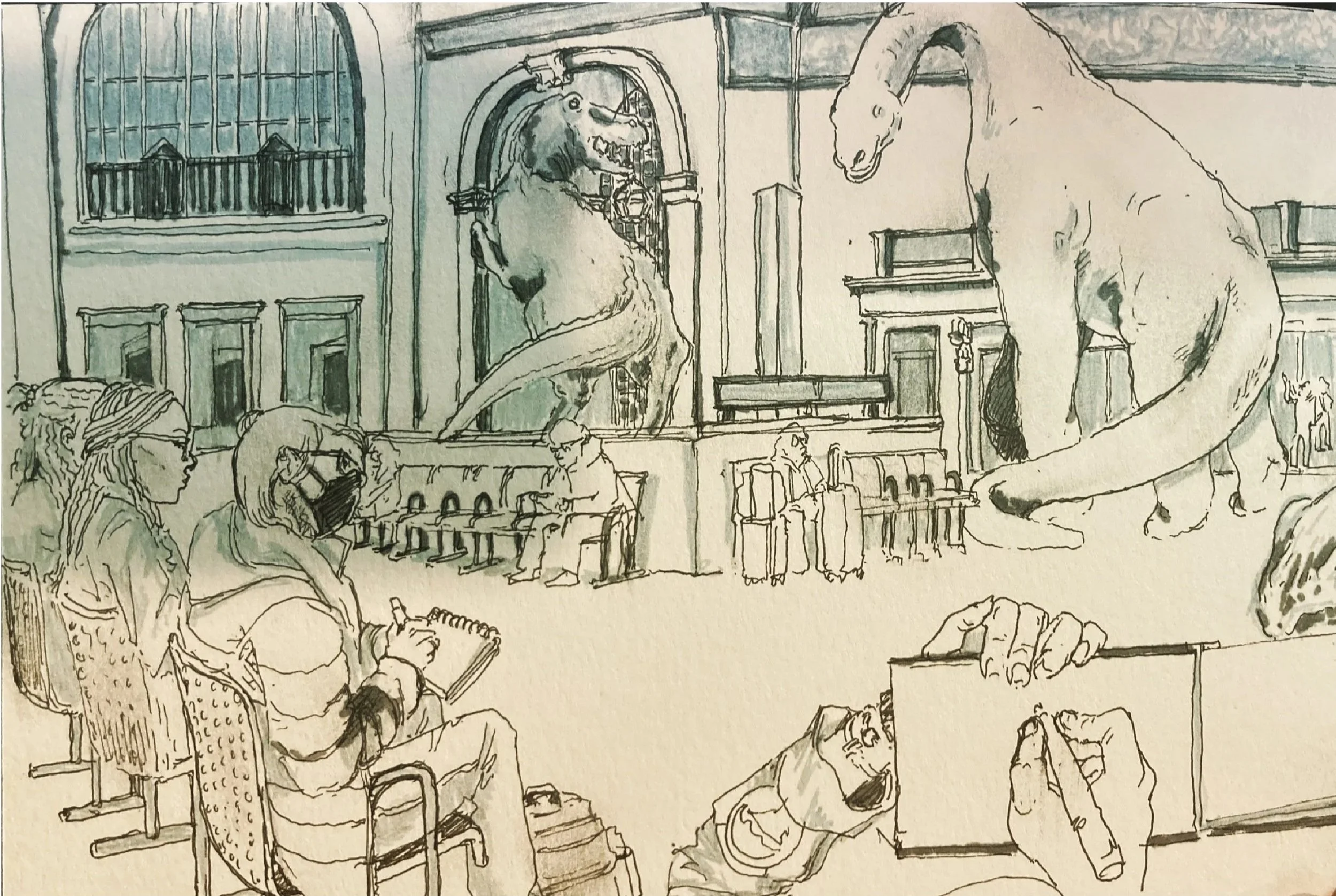 A sketch of people sitting inside an airport terminal. There are large illustrated dinosaur sculptures in the background, including a T-Rex and a long-necked dinosaur, creating a playful environment.