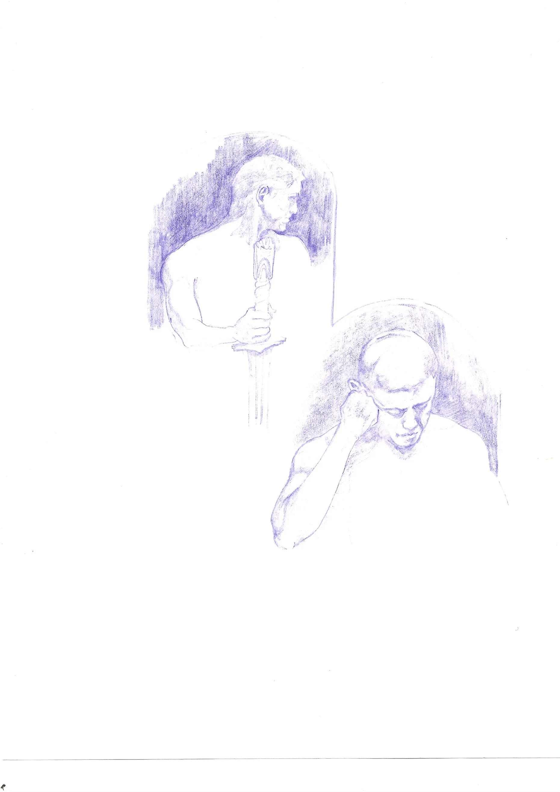 Sketch of a woman with long hair holding a microphone, and a man with glasses talking on the phone.
