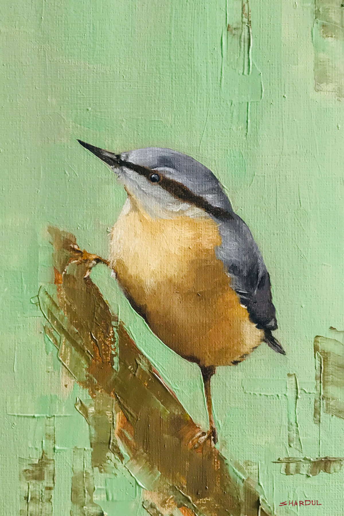 A painting of a small bird, possibly a kingfisher, perched on a tree branch with a green background.