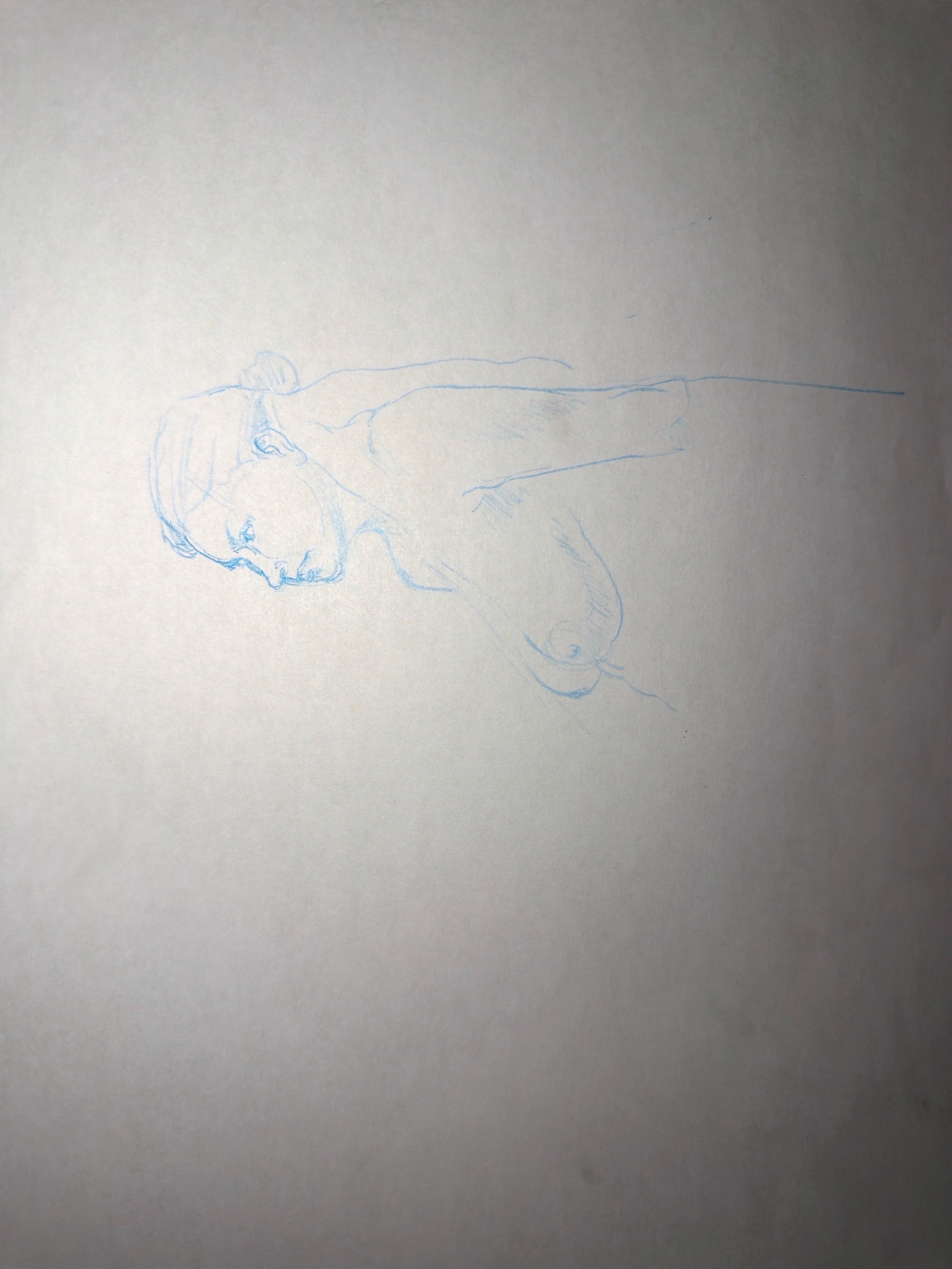 Light blue pencil sketch of a person lying on their side, with their head resting on a surface and their legs extended.