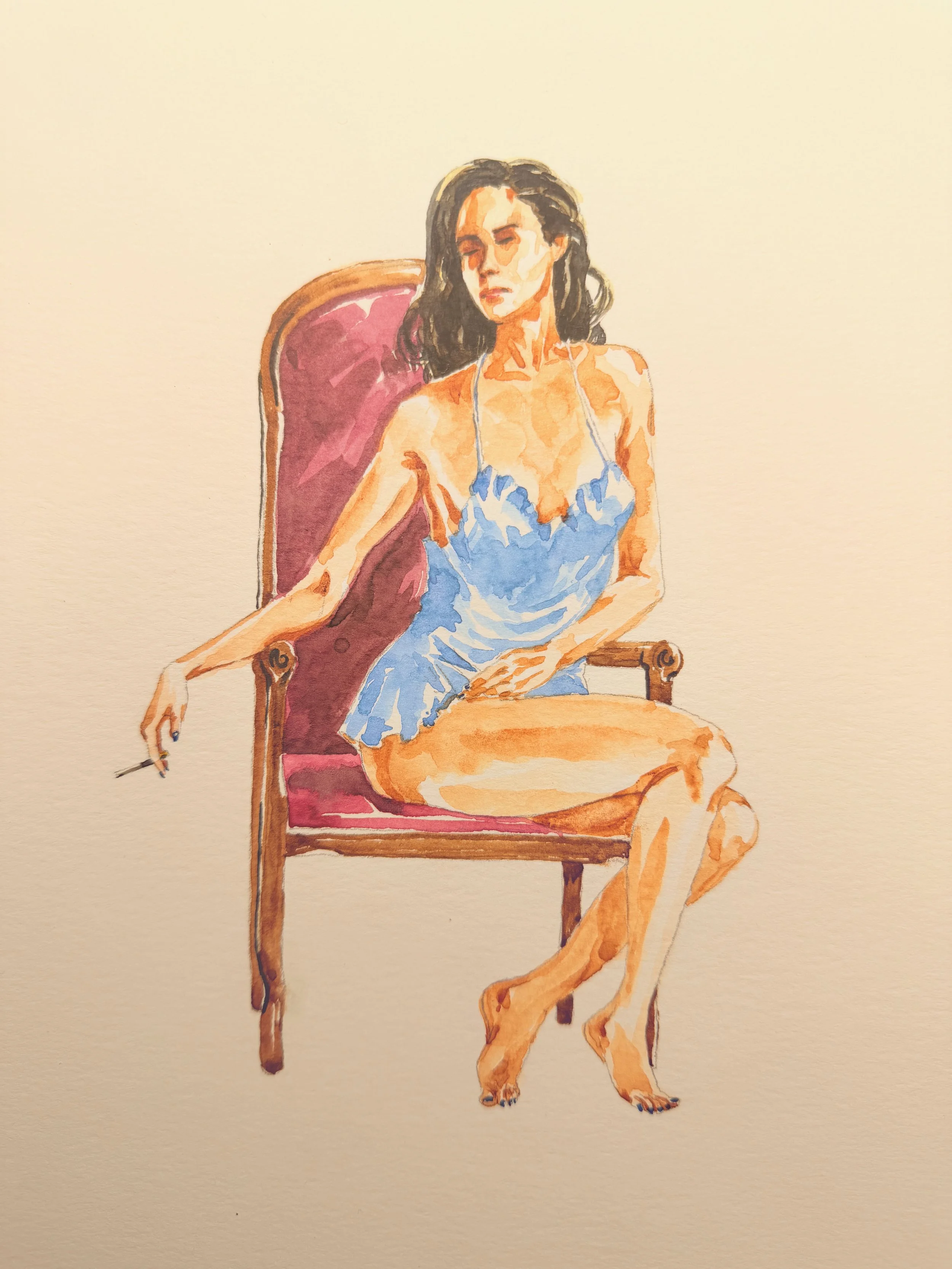 Watercolor painting of a woman sitting on a wooden chair, wearing a blue dress, holding a cigarette, with dark wavy hair and a contemplative expression.