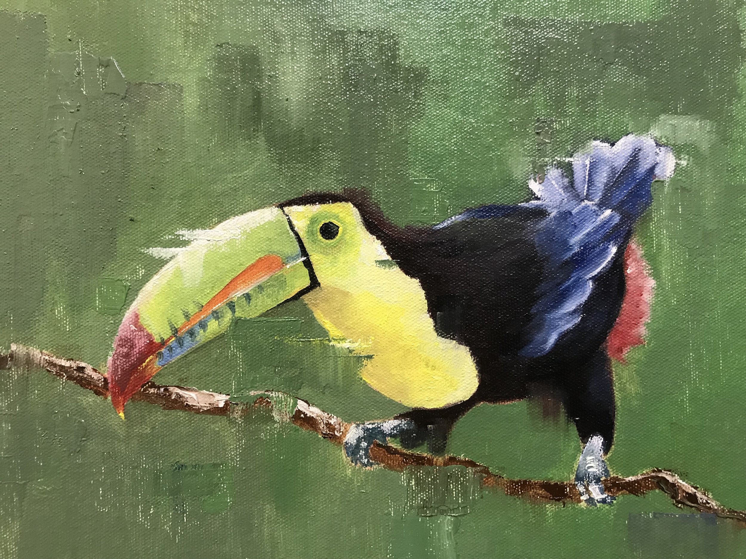 Painting of a bird perched on a small branch with a green background and a blue flower to the right.