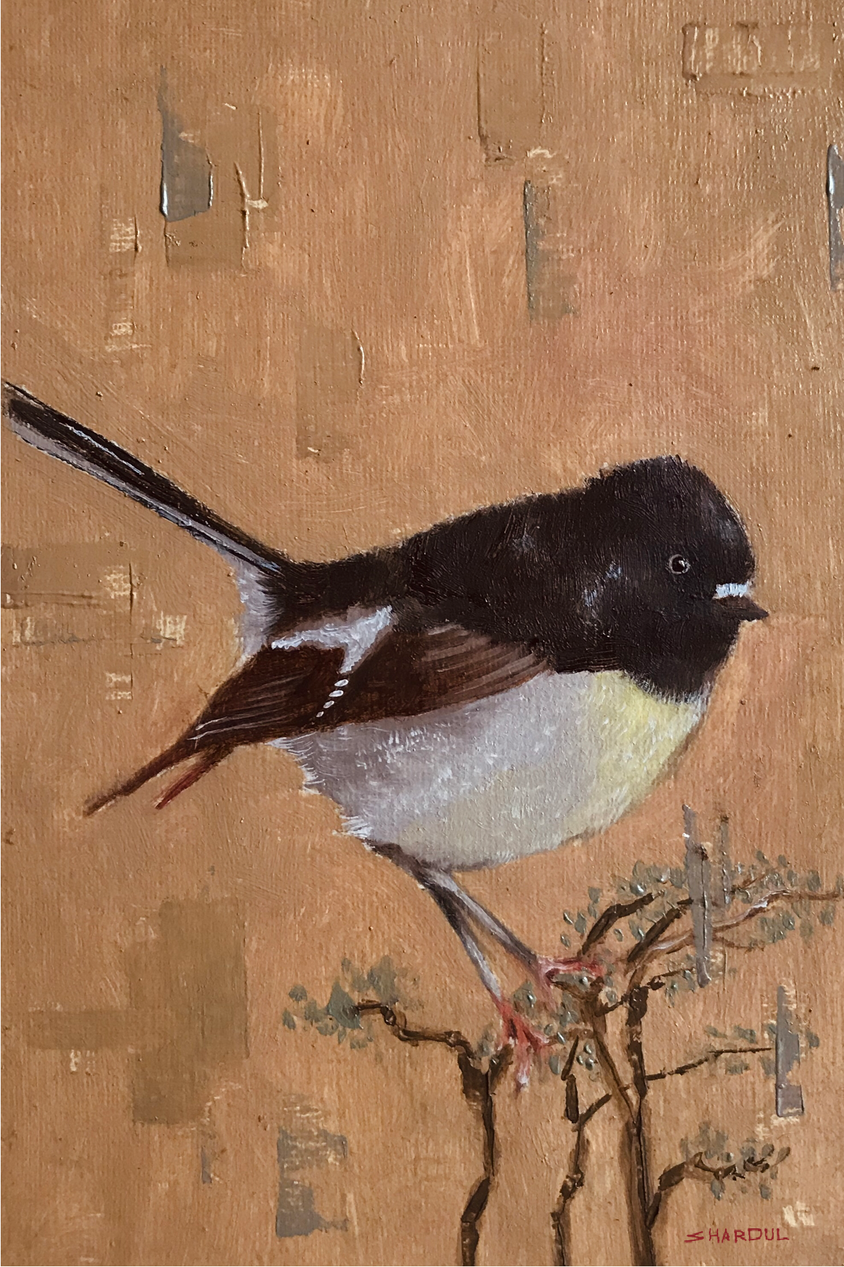 Painting of a small bird with black, white, and yellow coloring perched on a branch.