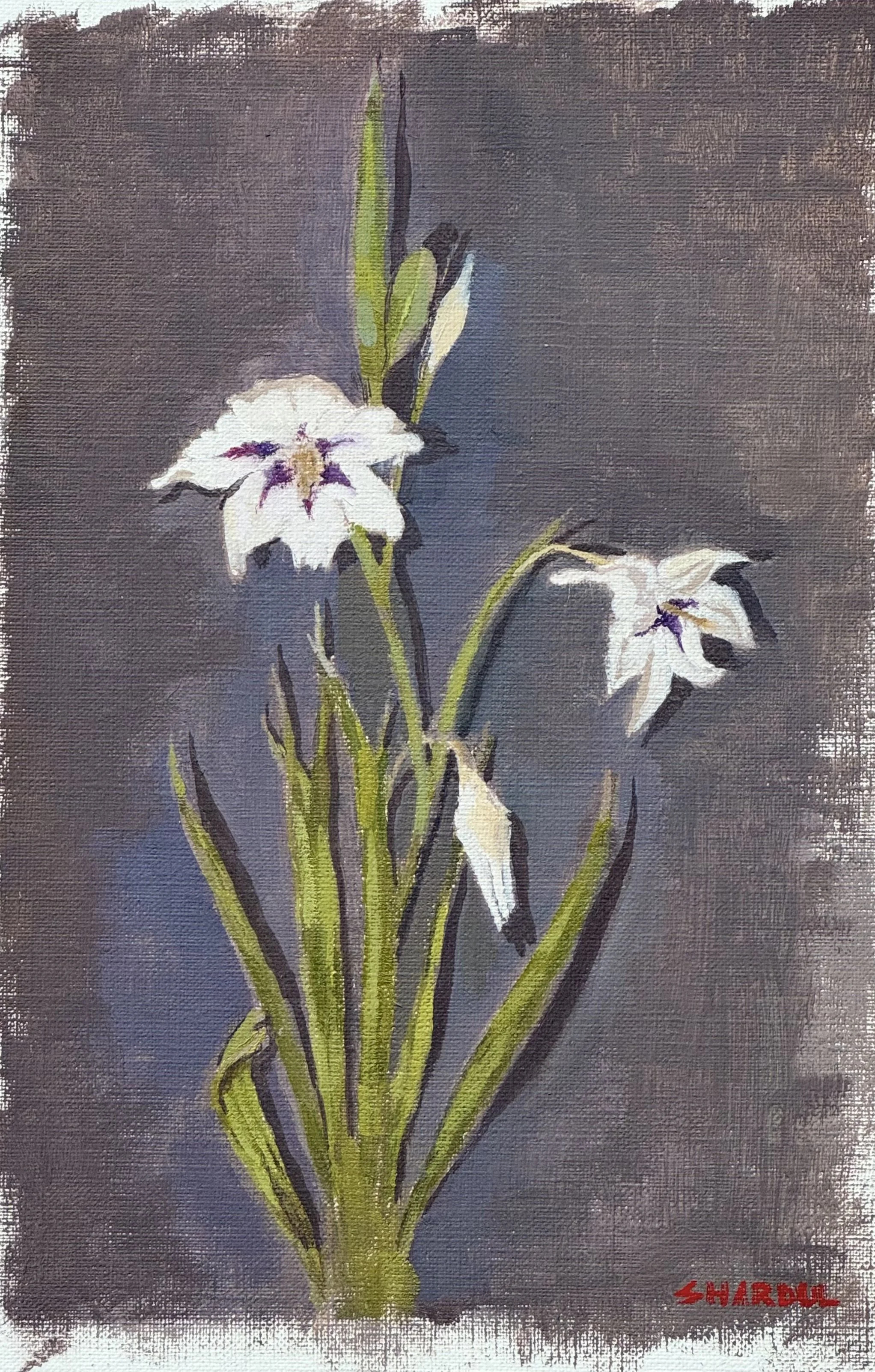 Painting of white flowers with purple and yellow centers and green stems on a dark background.