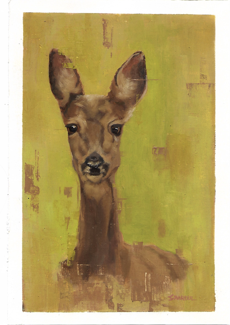 Painting of a young deer with large ears, set against a green and yellow background.