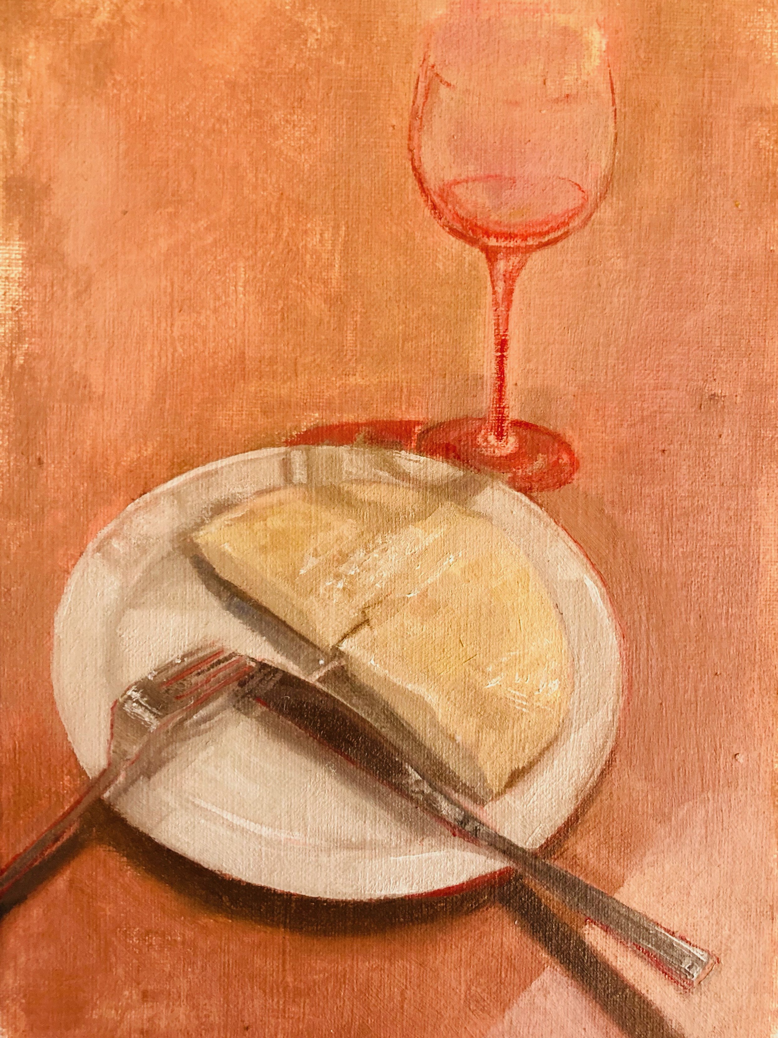A painting of a wine glass-with a red liquid, on a pinkish background, seen above a white bowl with a spoon and a fork.