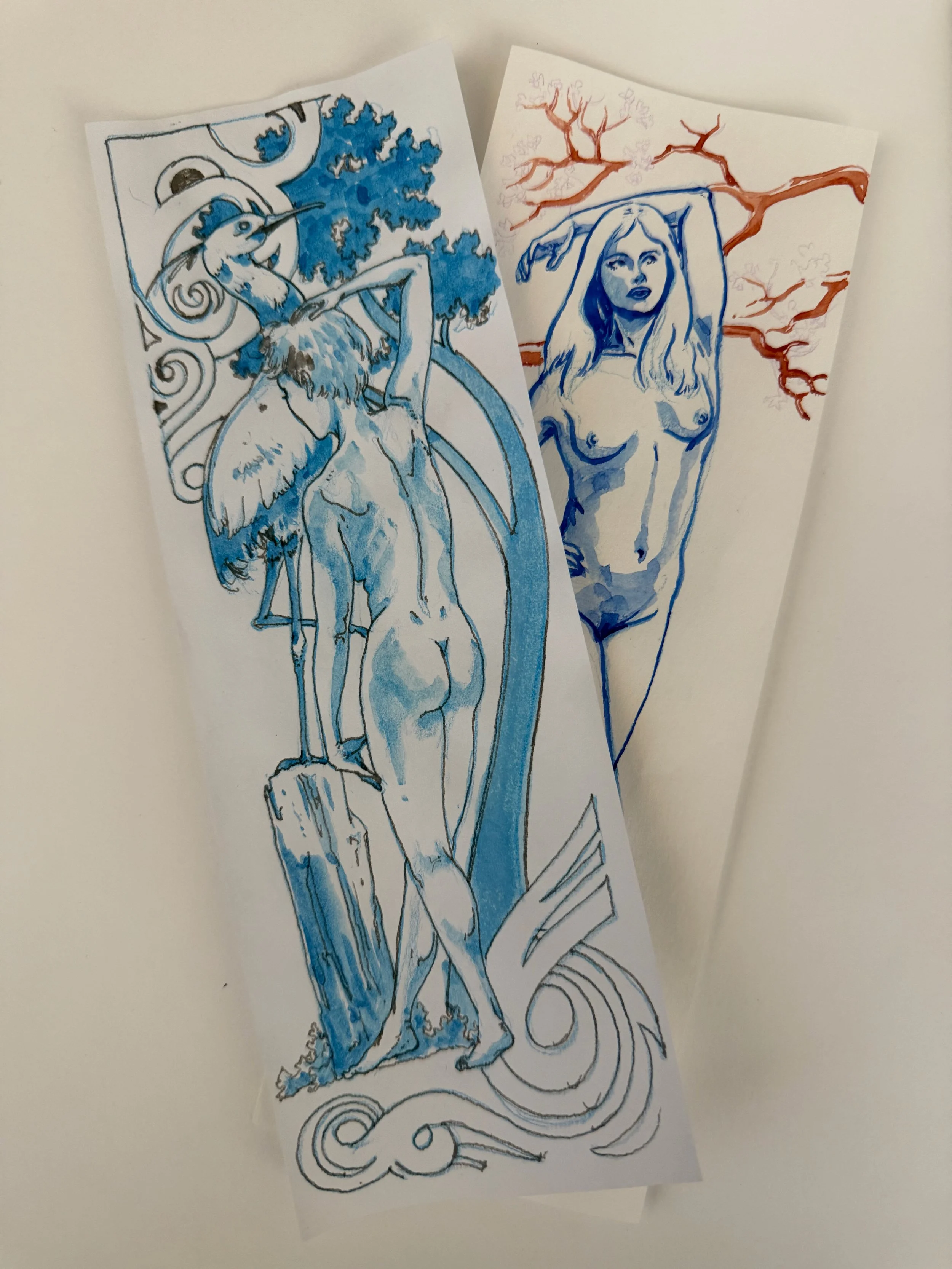 Two hand-drawn illustrations on white paper, one depicting a woman with long hair and arms raised, standing in front of a tree with detailed branches, and the other showing a bird perched on a branch amid swirling patterns and decorative elements, both created using blue, brown, and black ink.