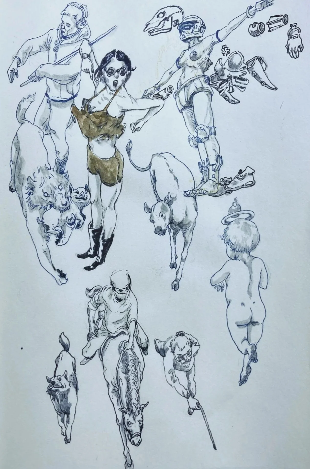 Sketch of various characters, including animals like a lion, a wolf, a horse, and a dog, as well as human figures, some with robotic or fantasy elements, in dynamic poses.