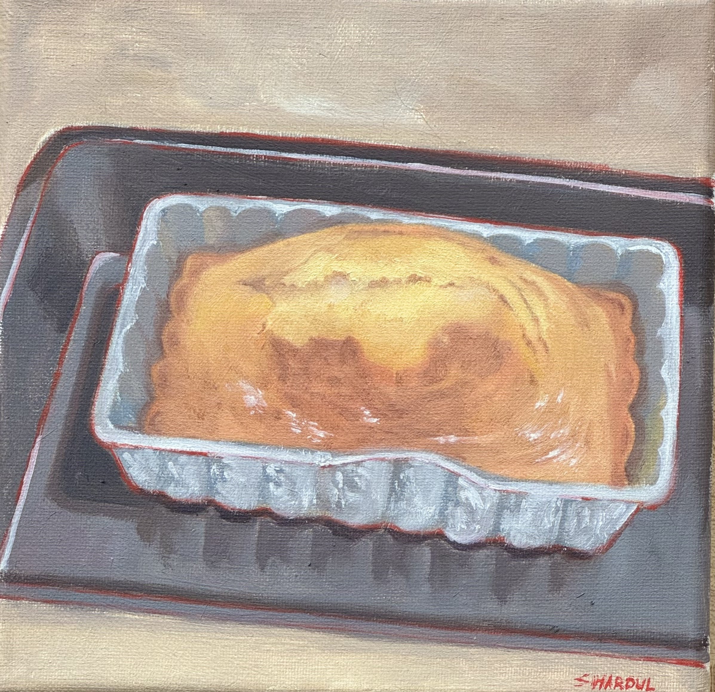 Close-up of a painted canvas showing a simplistic depiction of a toaster with bread slices, signed by the artist in red at the bottom right corner.