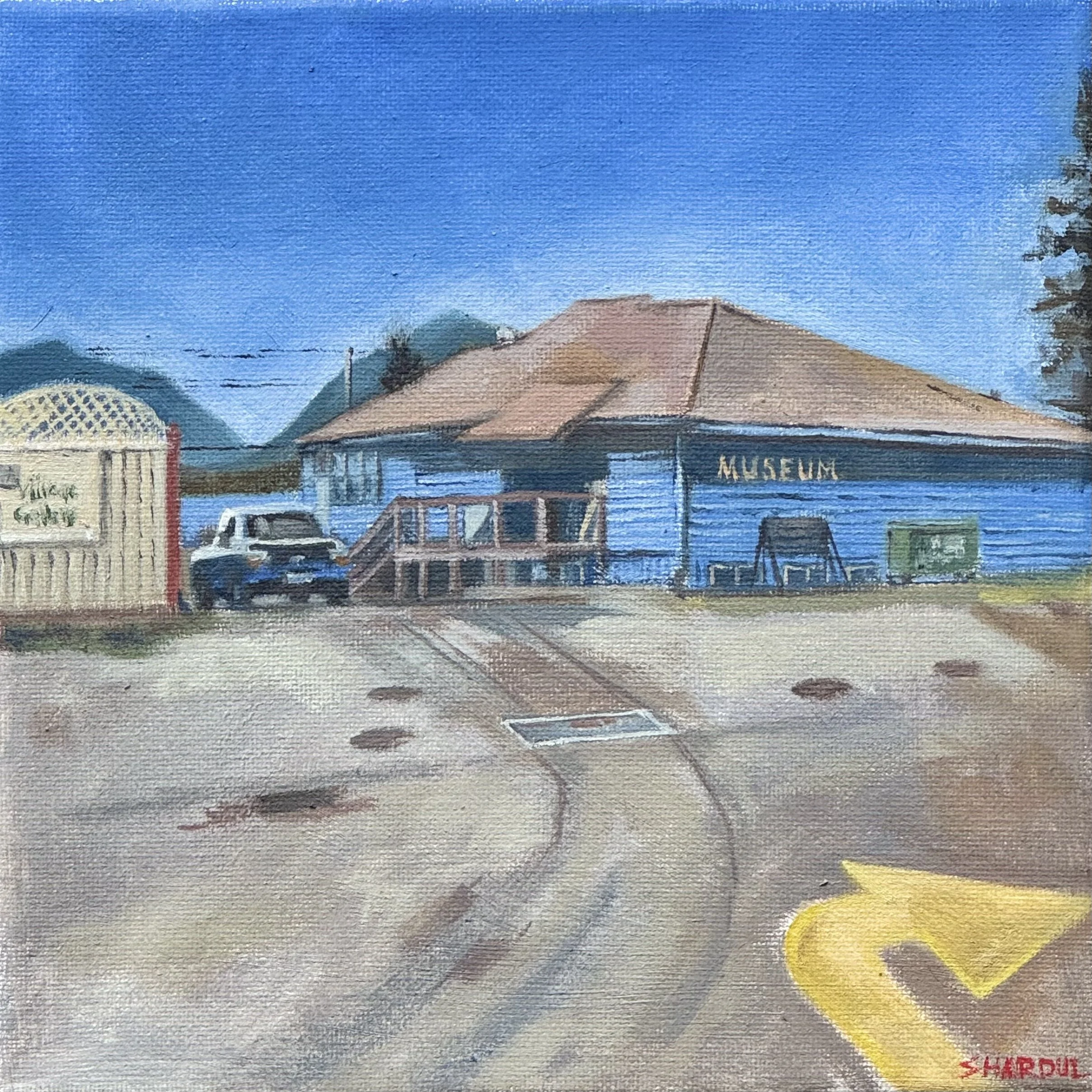 A painting of a house with a red roof in front of a blue sky, with trees and a fence nearby, and a yellow crescent moon in the sky.