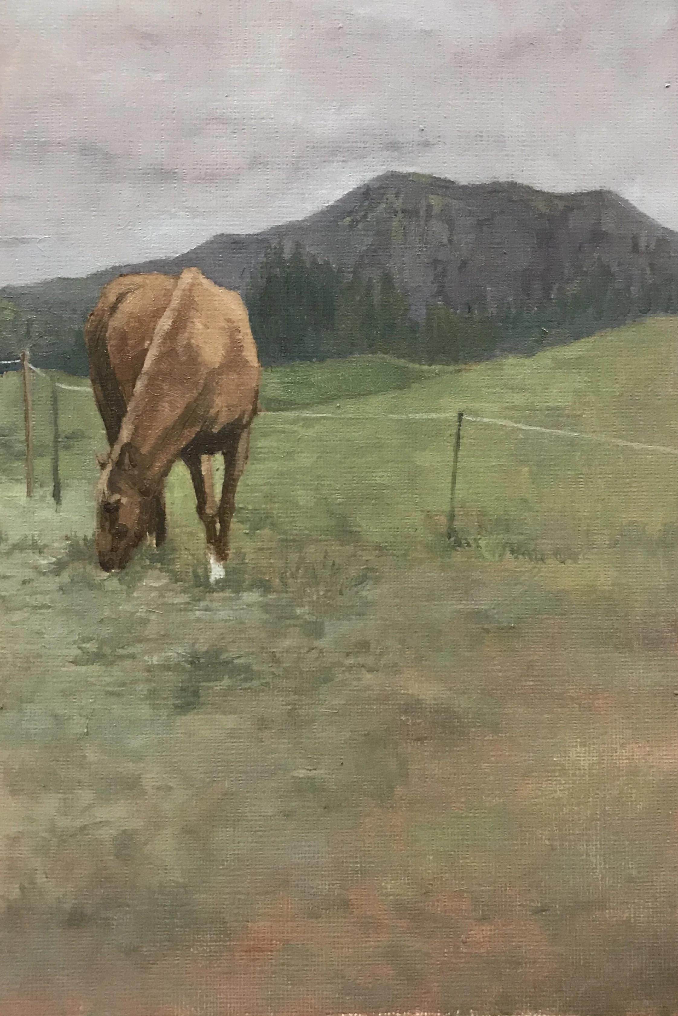 Painting of a landscape with a mountain in the background and a horse grazing in the foreground, surrounded by a fenced pasture.