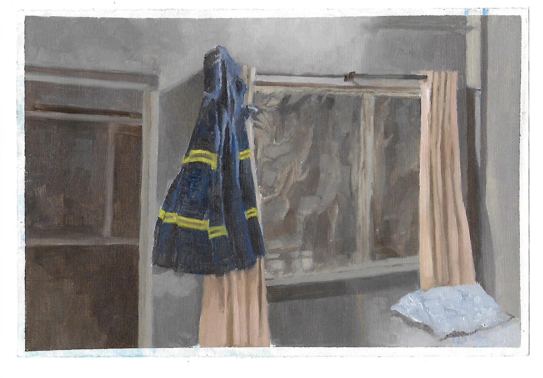 A painting of a closed shower with a blue firefighter's jacket hanging on the shower rod, and pink curtains partially drawn to the side.