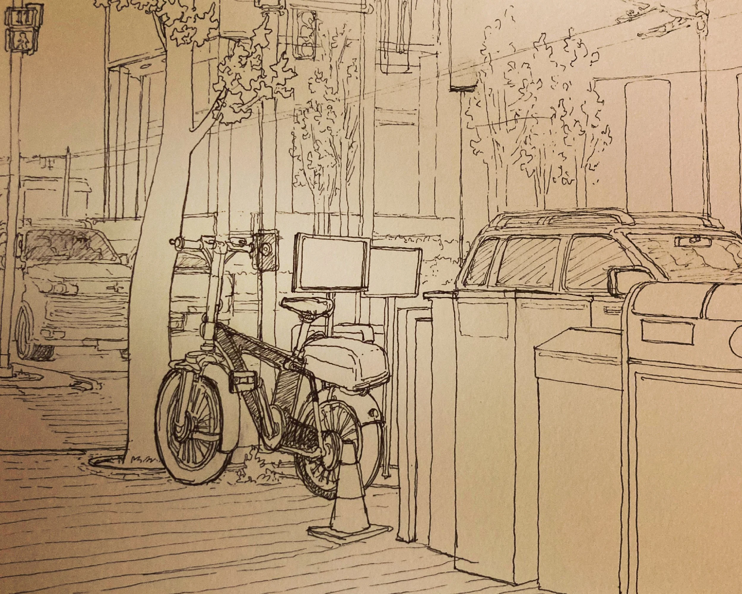 Black ink sketch of bicycles, trees, cars, and city street scene with buildings and sidewalk.