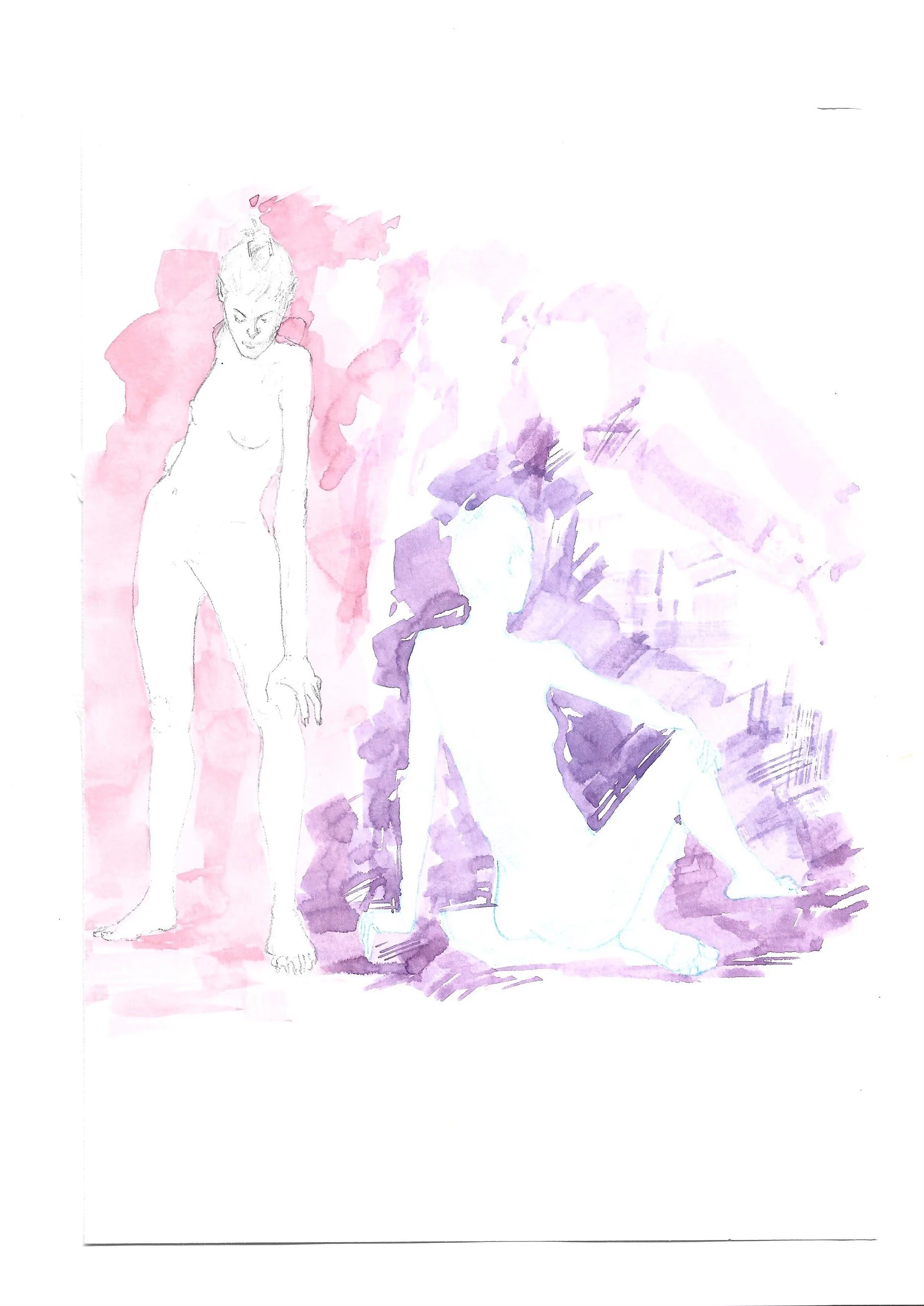 A watercolor sketch of two women, one standing with her eyes closed and the other sitting and leaning forward, both in a relaxed pose, with pink and purple hues in the background.