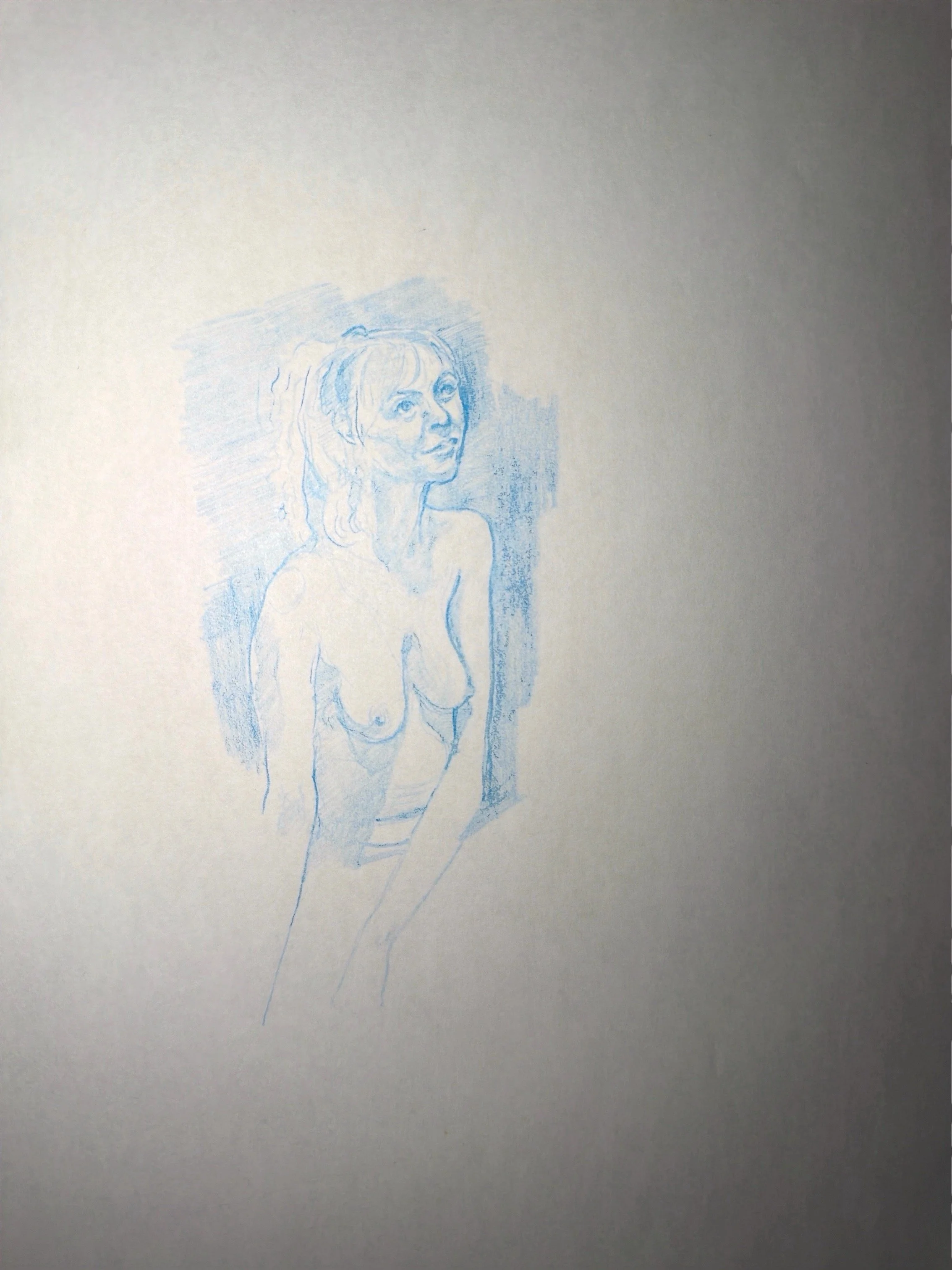 A blue pencil sketch of a woman with long hair, wearing a sleeveless top, looking slightly to the right.