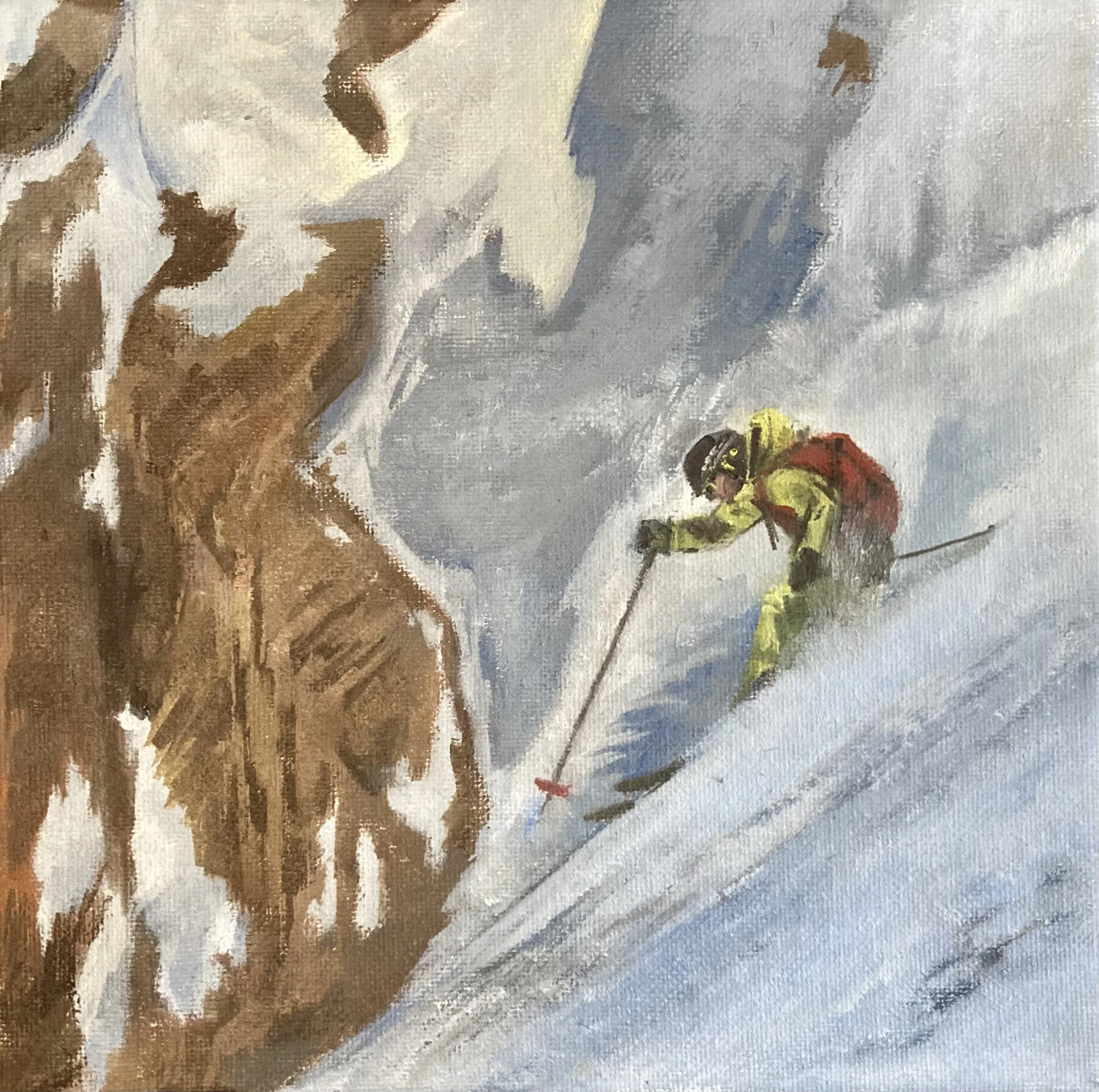 Close-up of an abstract painting with colors including brown, beige, blue, gray, and small accents of red and yellow.