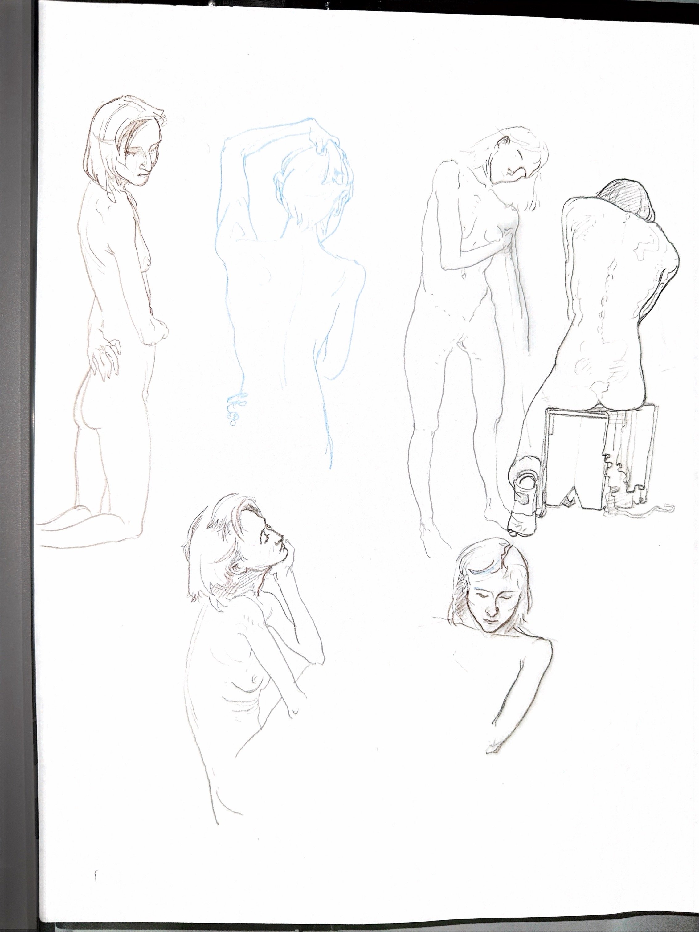 Sketch of multiple women in various poses, some with arms raised, some sitting or standing, with expressive facial features, drawn with light and dark line work.