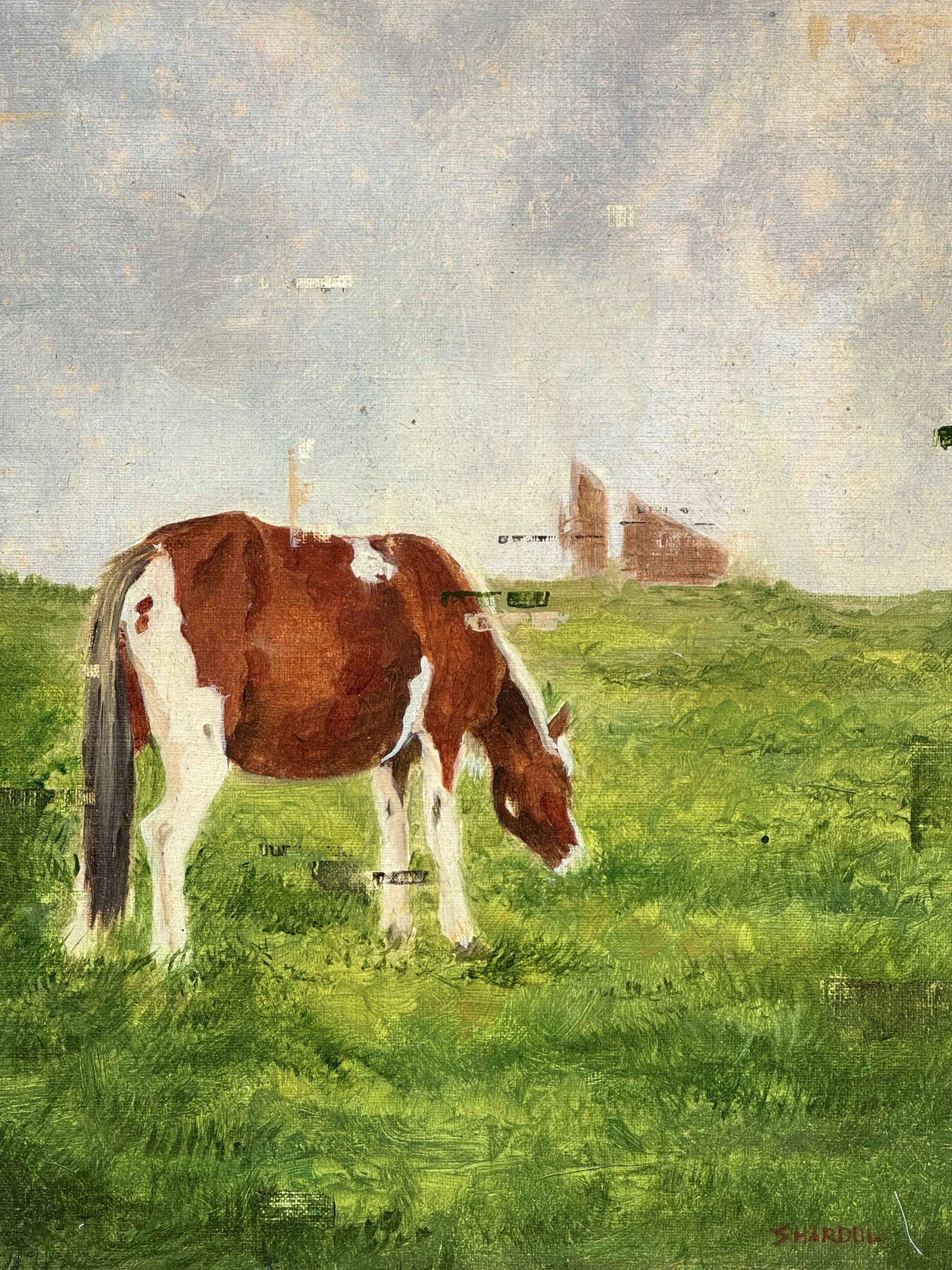 A painting of a brown and white horse standing on green grass with a hazy sky and distant barn in the background, signed by S. Hardul at the bottom right corner.