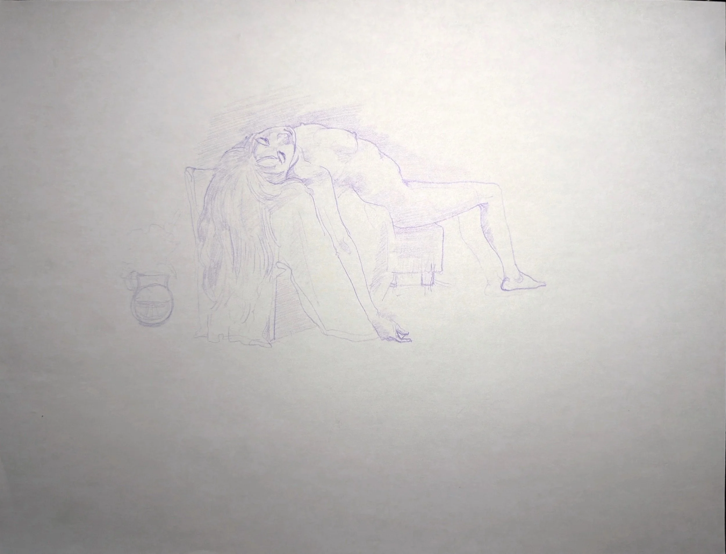 A pencil sketch on paper depicting a woman reclining on a chair with her head tilted back and mouth open, with her long hair draping over the chair.