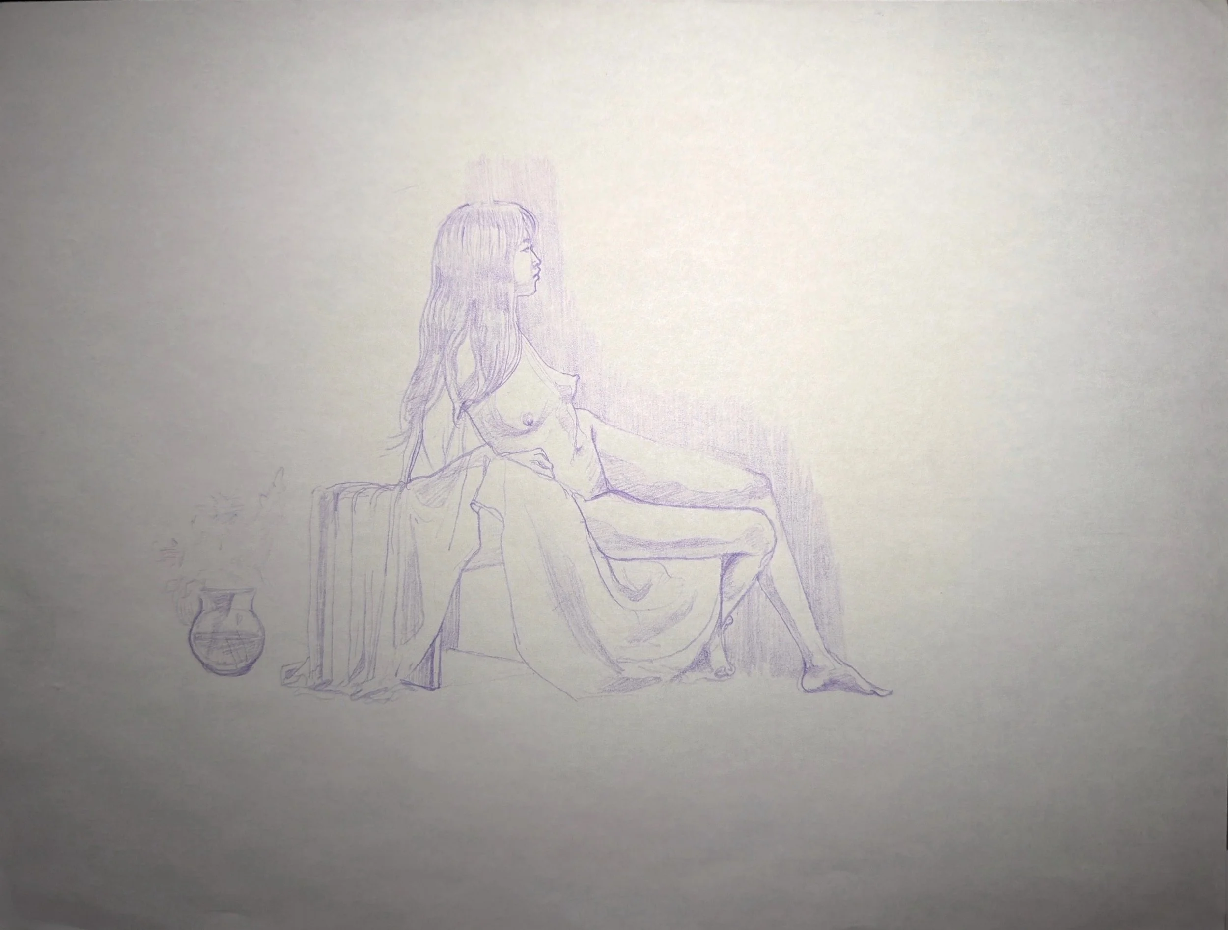 A pencil sketch of a woman sitting on a chair with her legs crossed, her hair flowing down her shoulders, and a potted plant nearby.