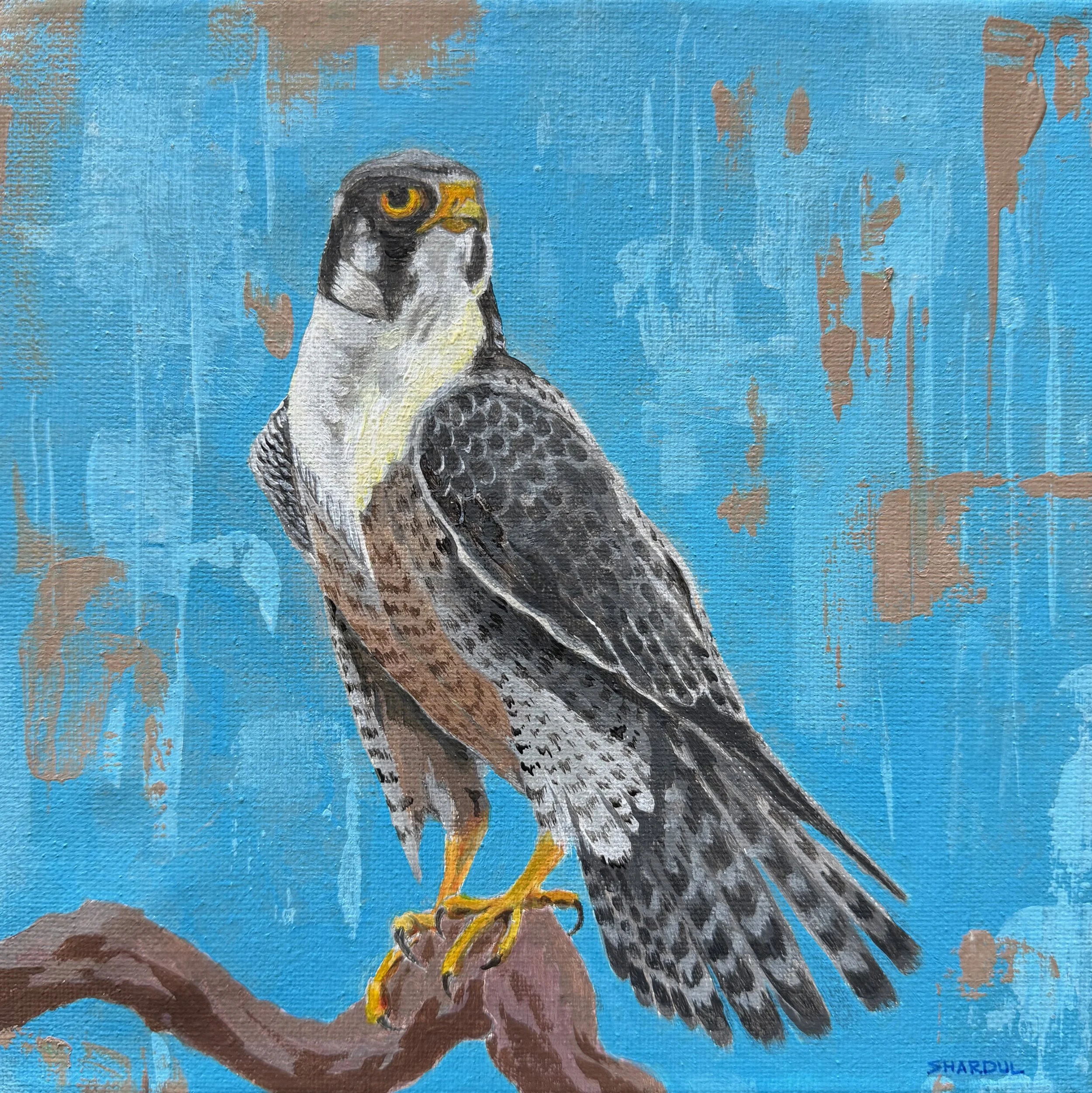 A painting of a falcon with a blue background, brown mountains, and a yellow and purple object at its feet. The artist's signature 'SHARDUL' is in the bottom right corner.