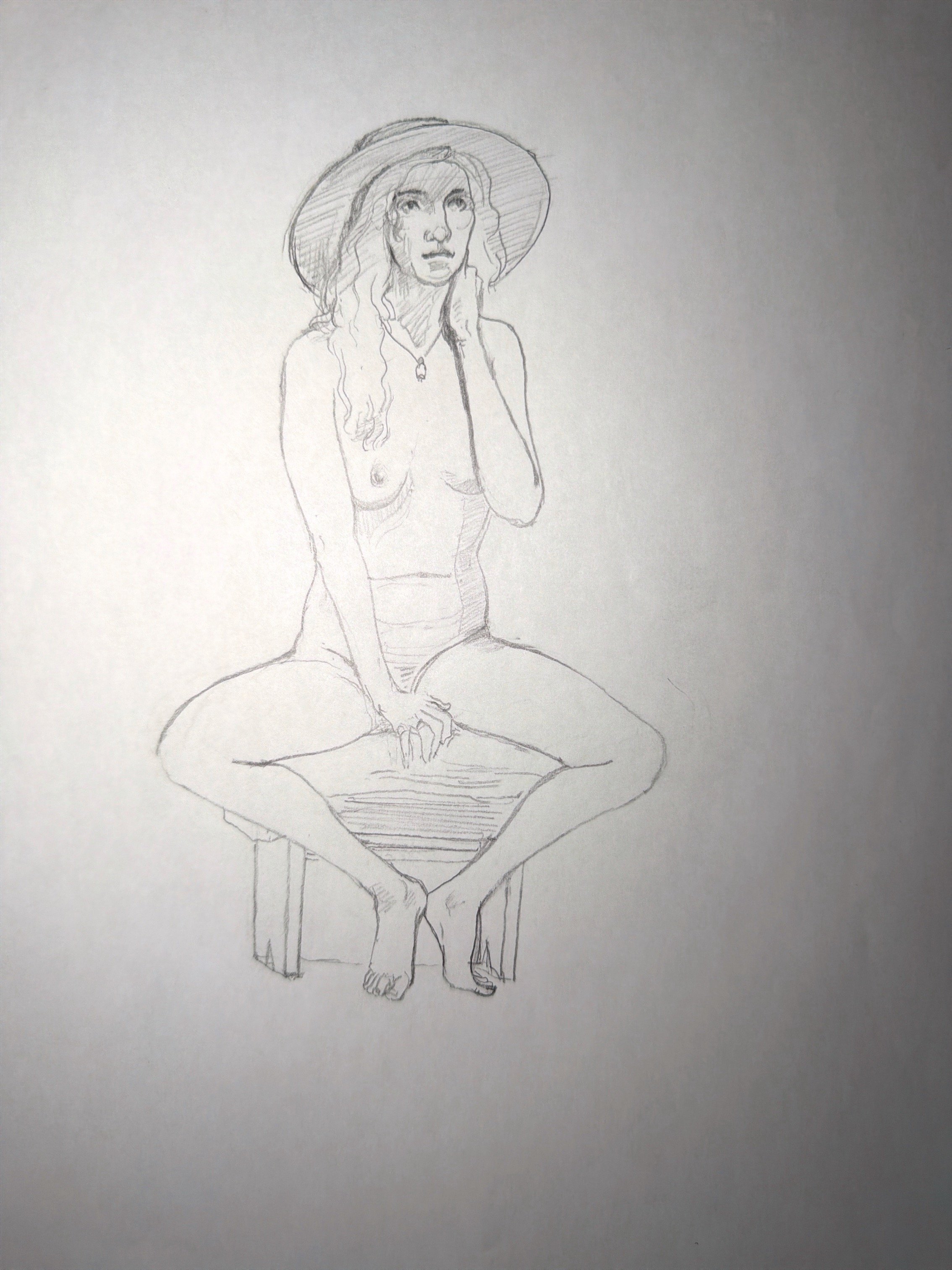A pencil sketch of a woman sitting on a chair with her legs crossed, wearing a wide-brimmed hat and a necklace, with her hand resting on her cheek.