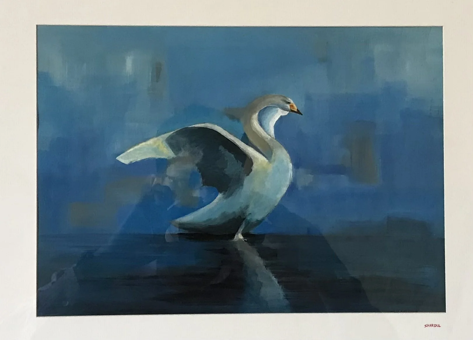A painting of a swan on water with a blue background, signed by the artist 'SHARUL' in the bottom right corner.