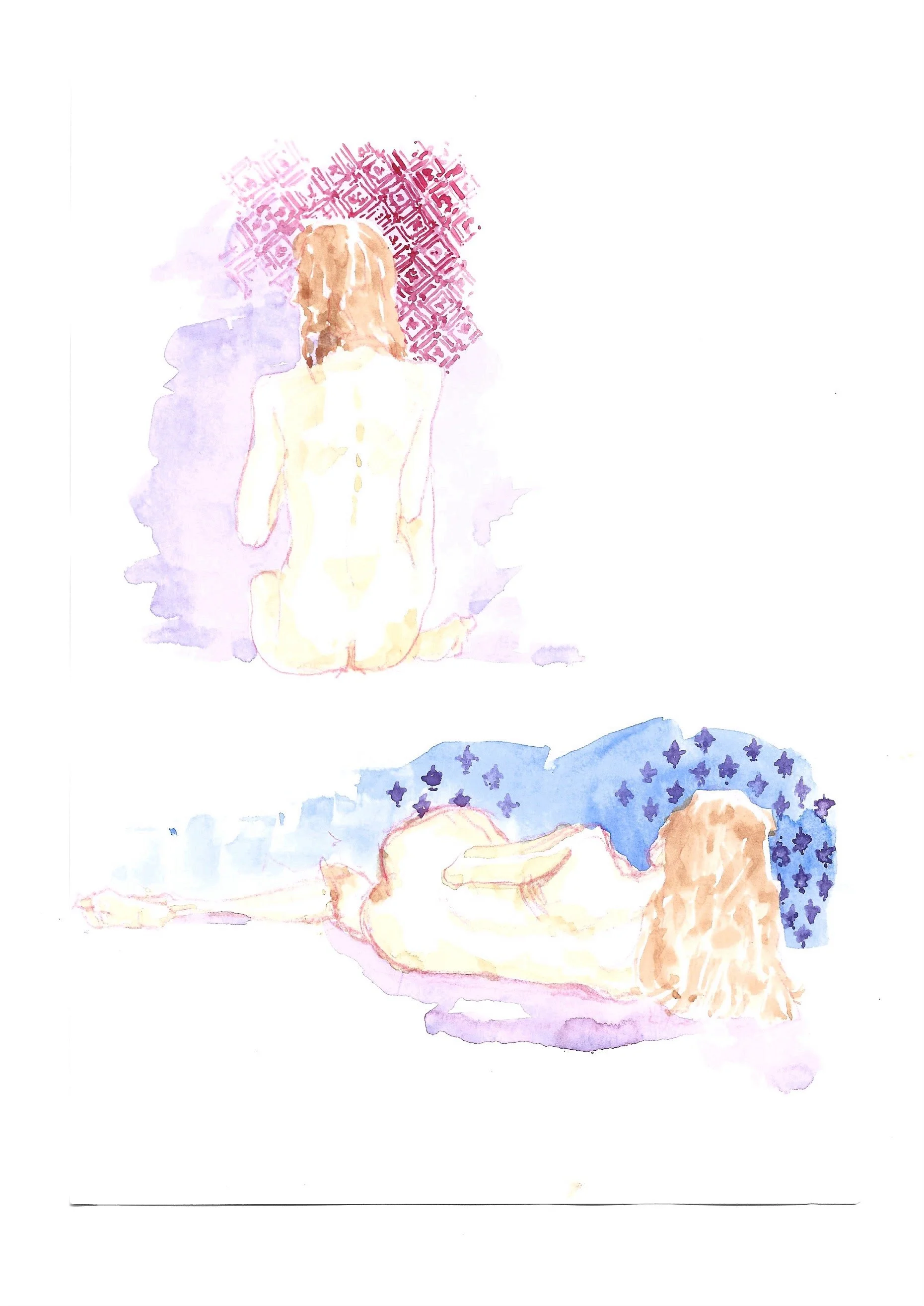 Watercolor illustration of a nude woman sitting with her back to the viewer, facing a patterned red background, and a man lying down in front of her on a pink surface with a blue background decorated with dark blue stars.