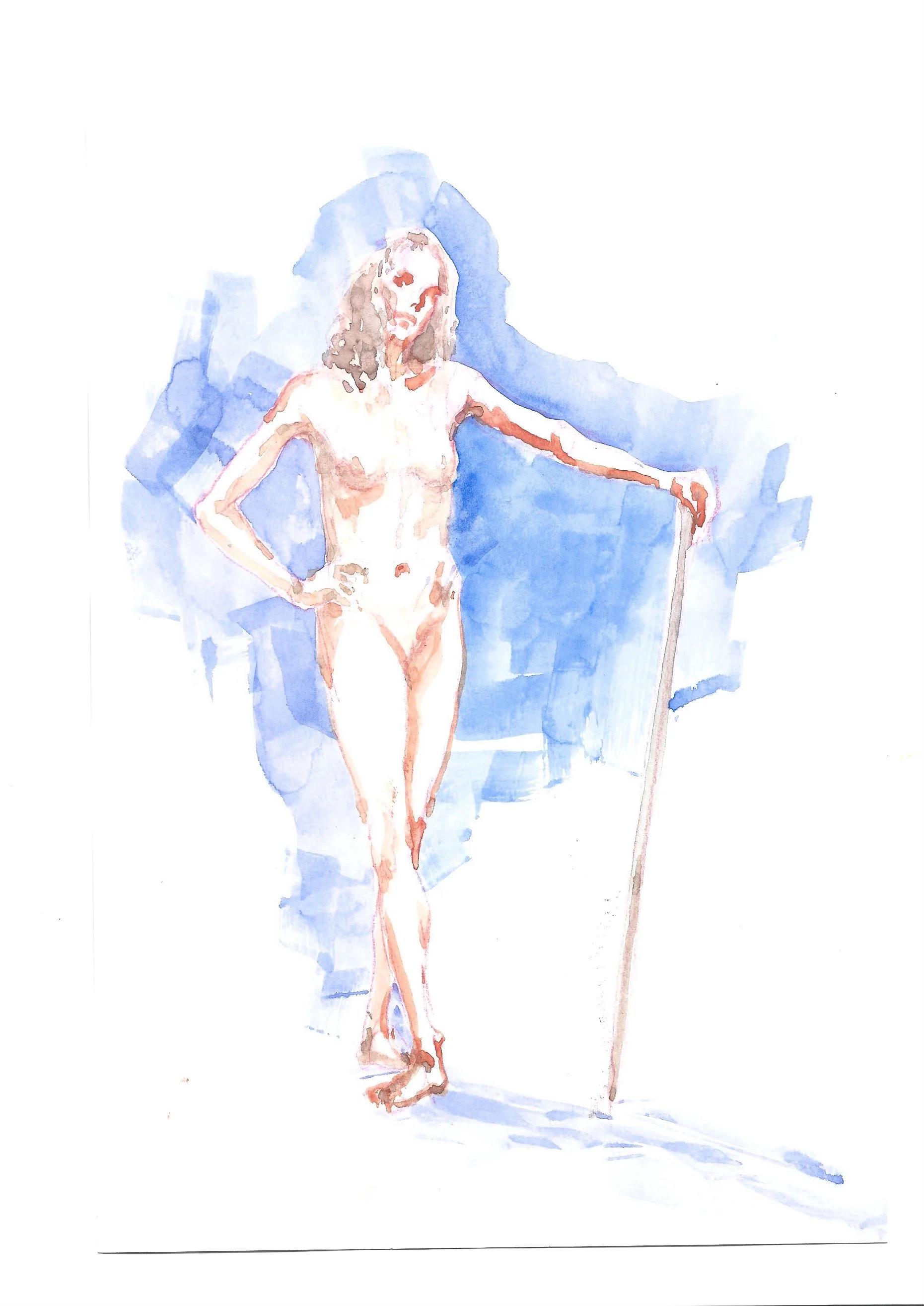 Watercolor illustration of a woman with shoulder-length hair, standing in front of a blue background, holding a long staff in her right hand, with her left hand on her hip.