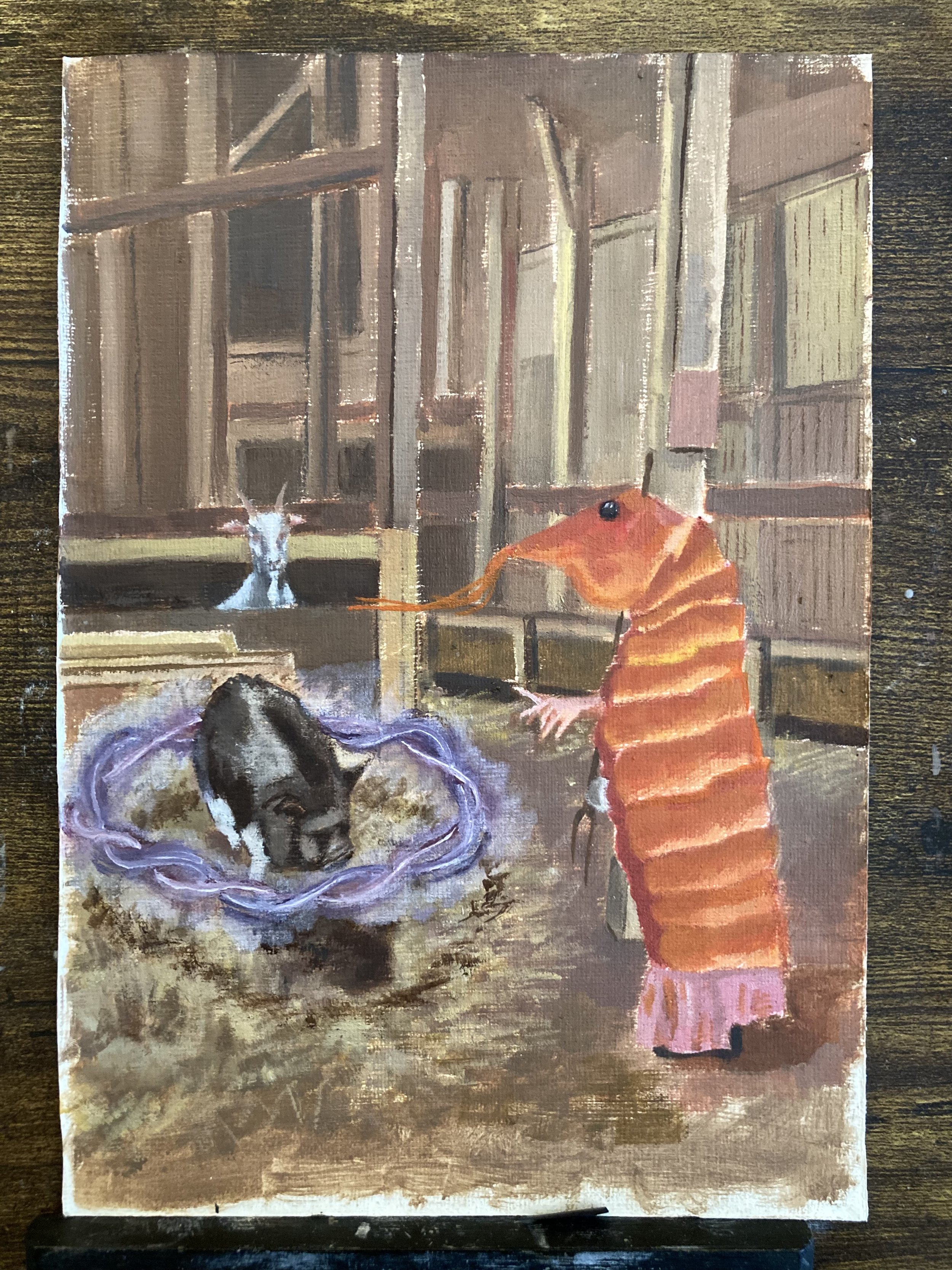 Painting of a dog with a chain around its neck and a person with orange striped shirt sitting on the ground, inside a barn or stable with wooden walls and a window.