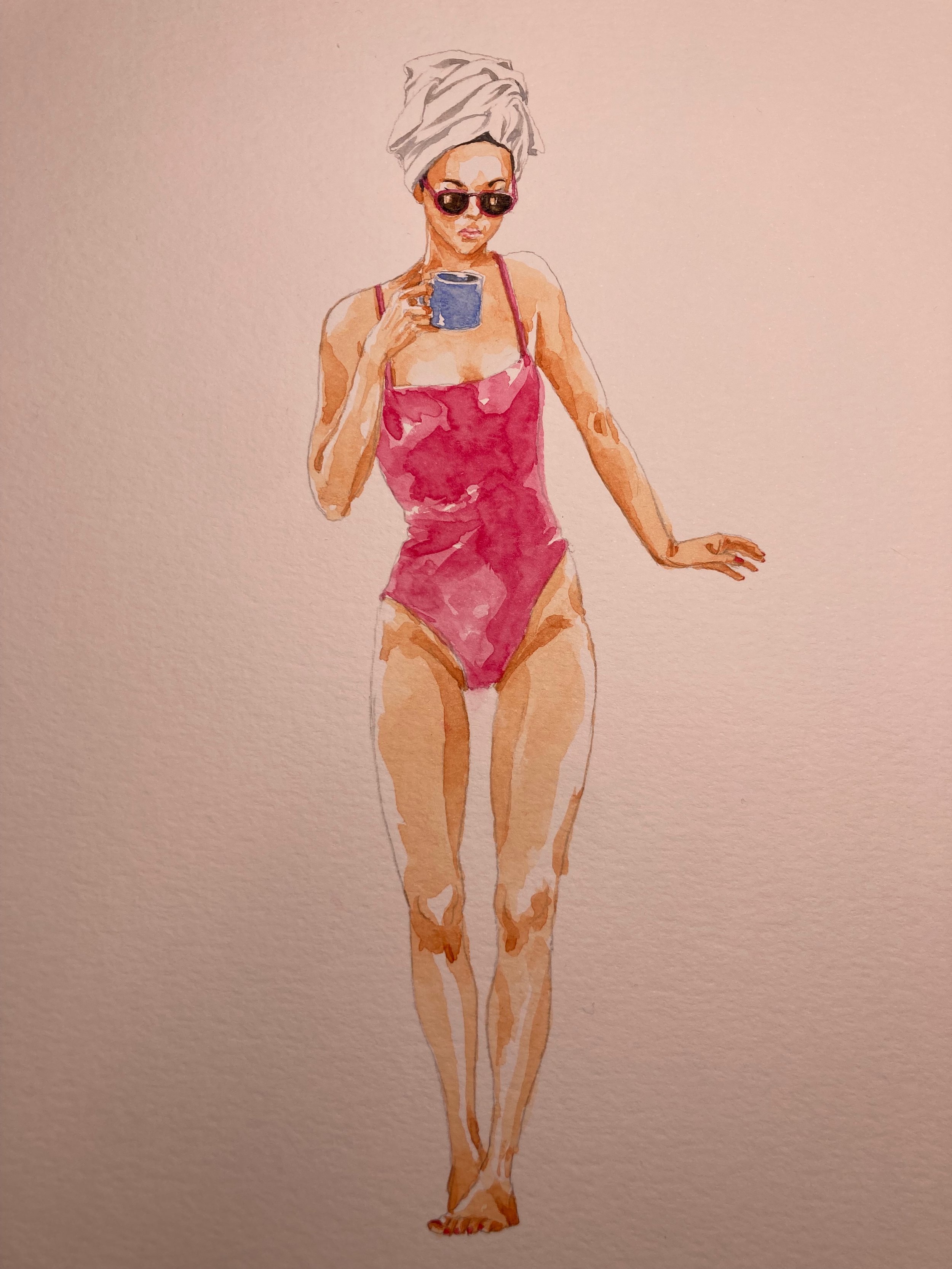 Watercolor painting of a woman in a pink swimsuit with a towel wrapped around her head, wearing sunglasses, holding a blue mug, standing on a light pink background.
