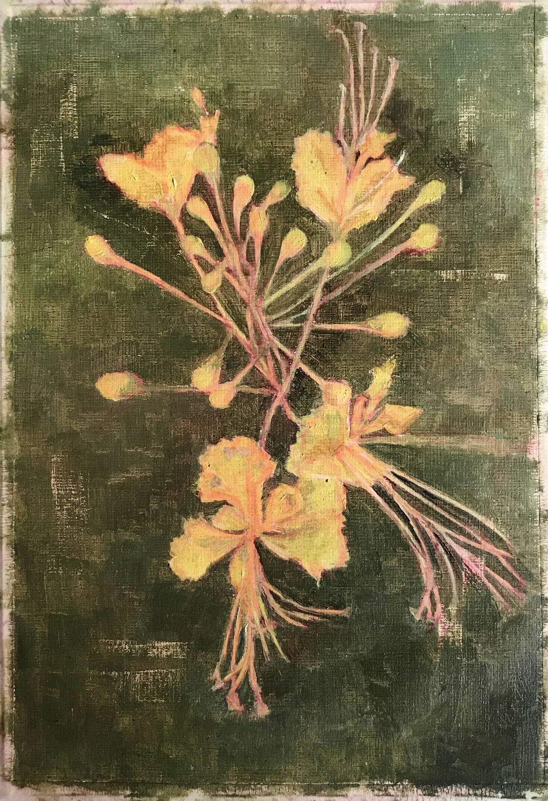 A painting of yellow and orange flowers with green stems on a dark green background.