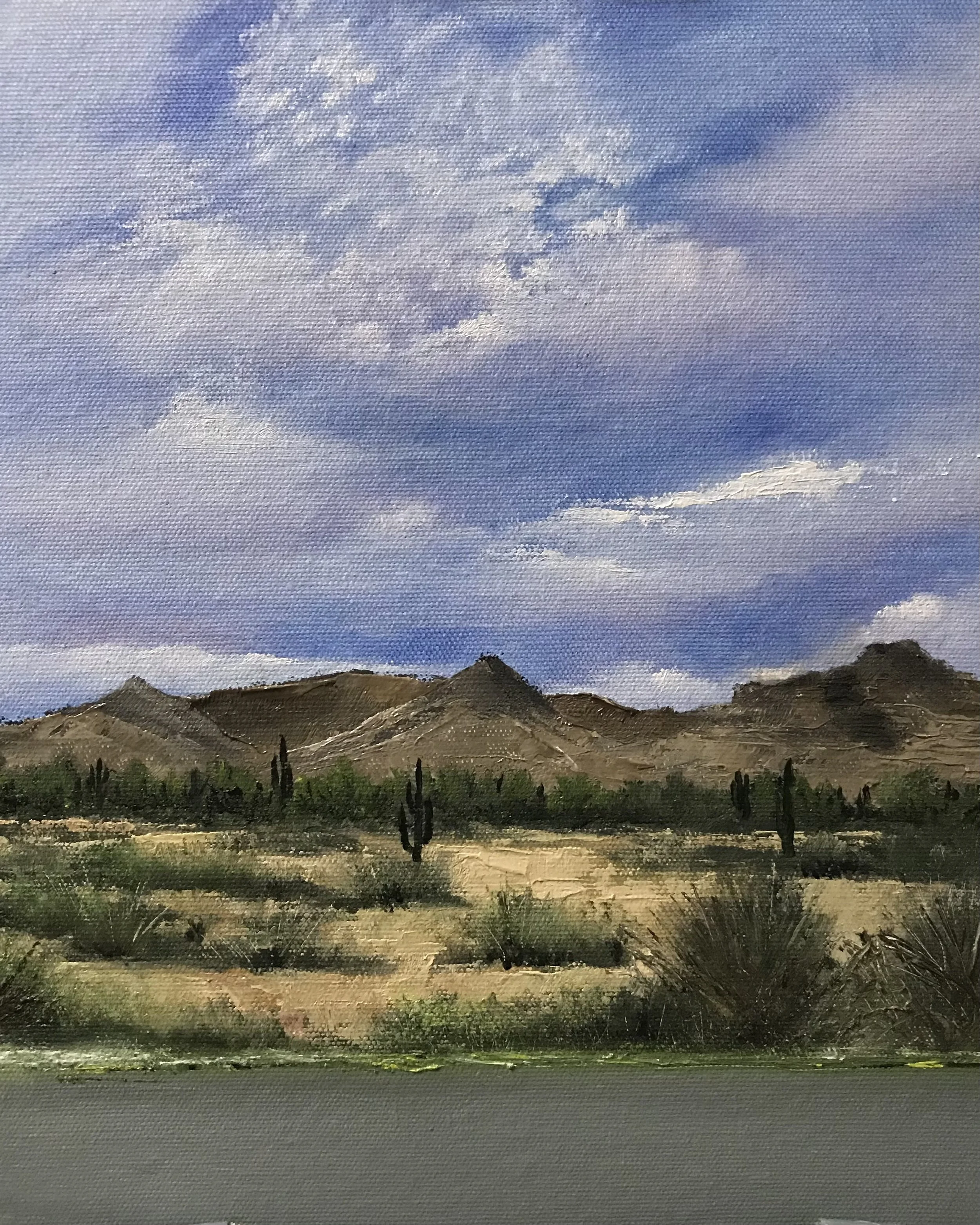 Landscape painting of distant mountains under a cloudy sky with some sunlight, featuring a desert-like area with sparse vegetation.