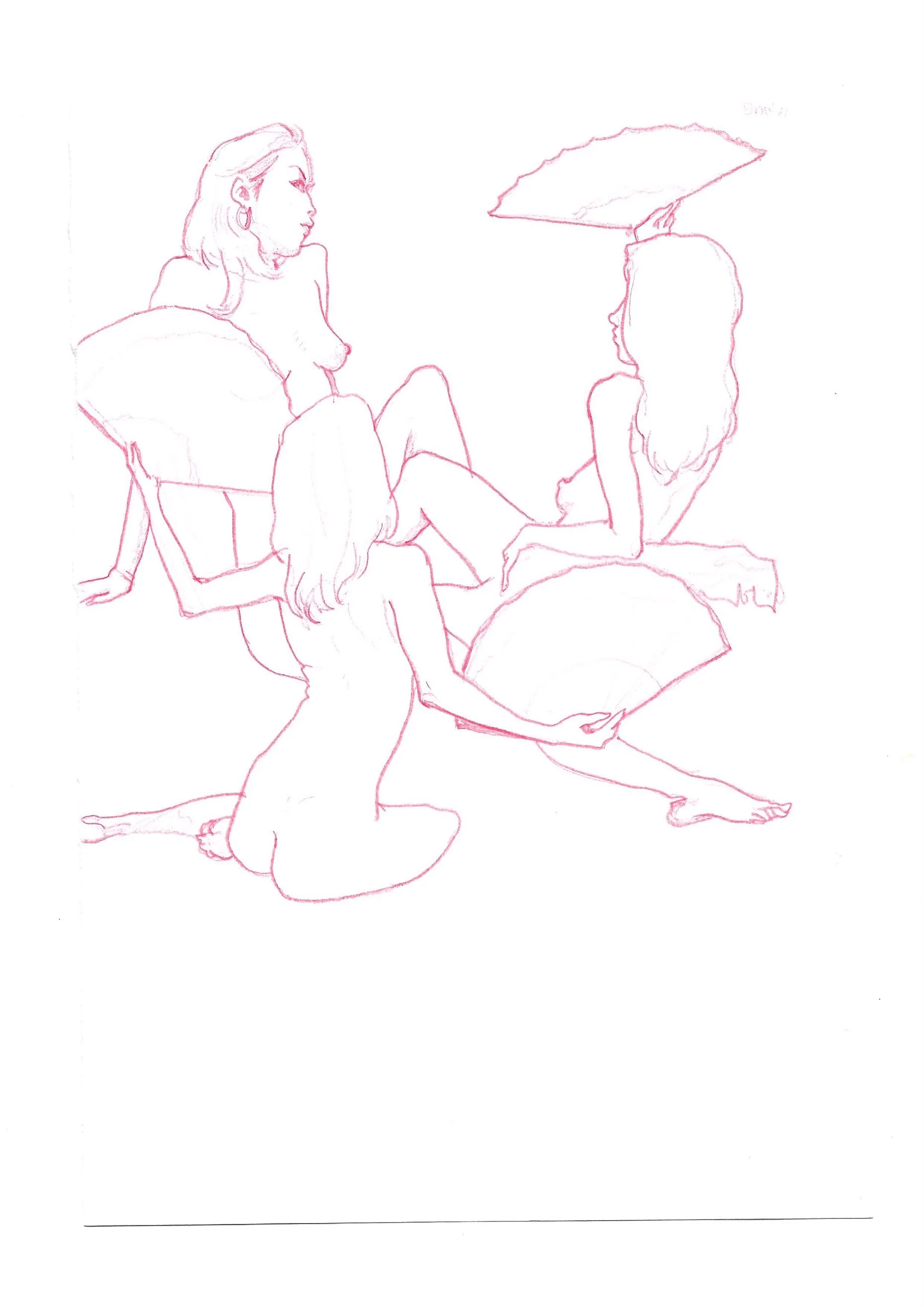 A red line drawing of multiple nude women in various relaxed poses, some sitting and one lying down, with some holding or using props like pillows and an umbrella.