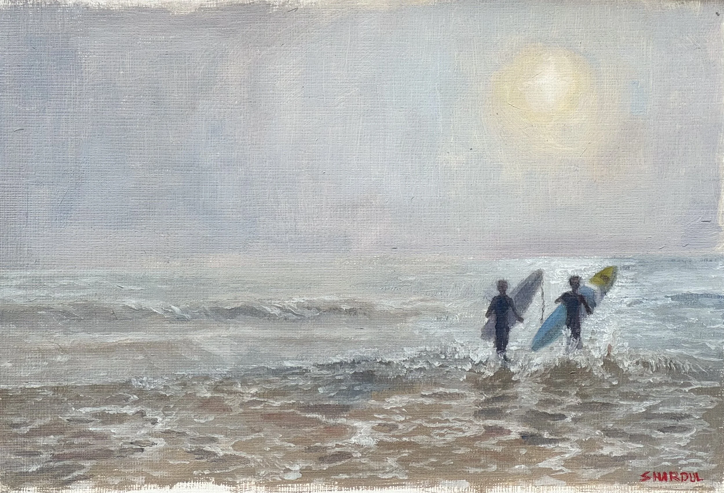 Painting of two people walking with surfboards along the beach at sunset at Tofino, with soft wave and sky colors.