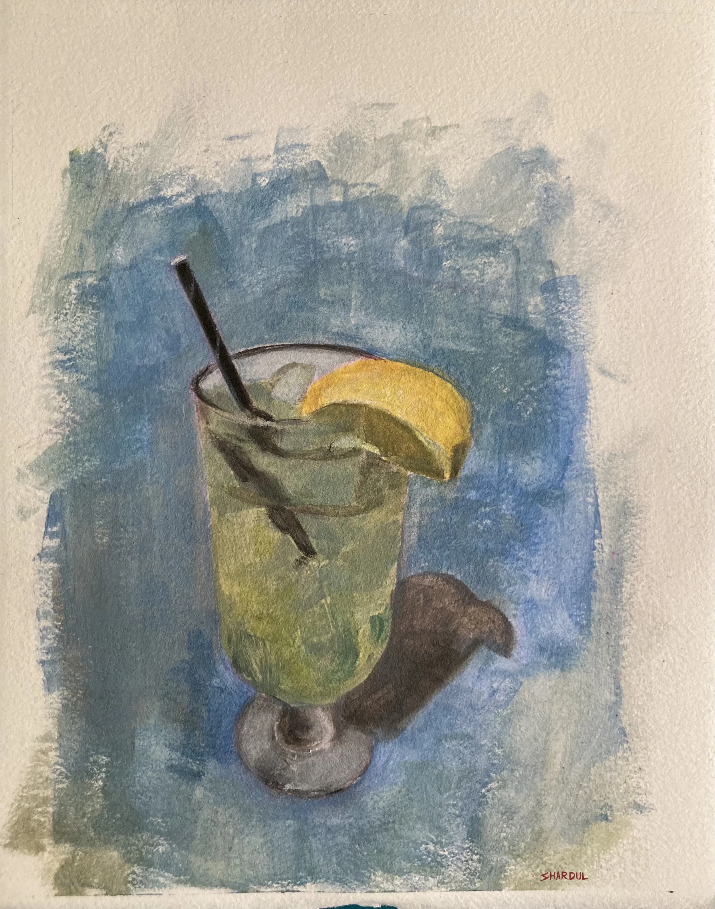 Watercolor painting of a glass with a yellow lemon wedge, a straw, and a slice of cucumber, set against a blue background.
