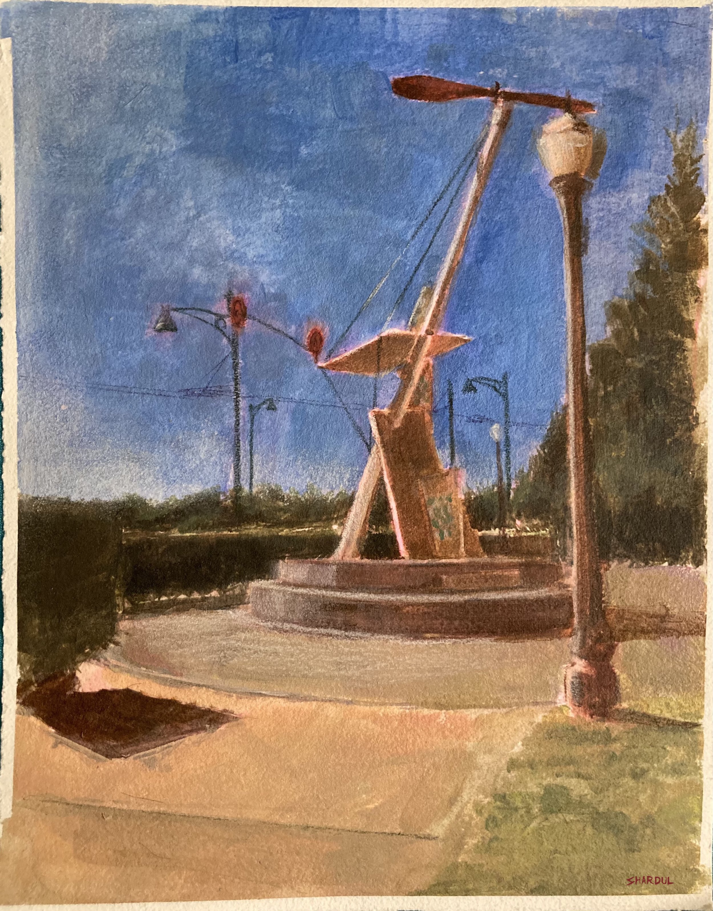 Painting of a water fountain with a tall pole and a decorative lamp attached, surrounded by trees and a sidewalk, with a clear blue sky in the background.