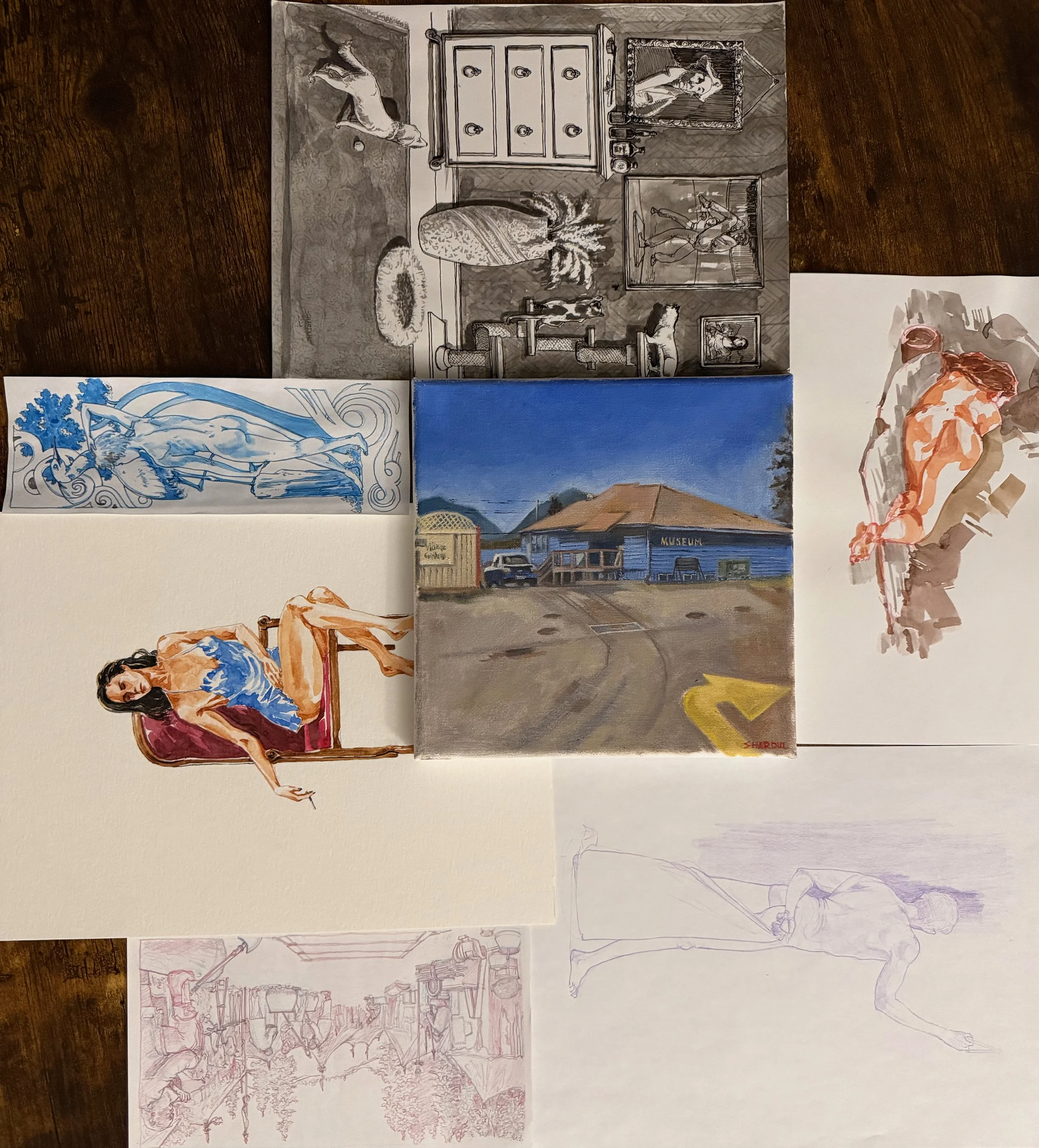 A collage featuring artwork, including a black-and-white drawing of a woman, a blue-toned painting of a building outside a museum, and sketches of a figure in various poses, with additional illustrations of a woman in a relaxed pose.