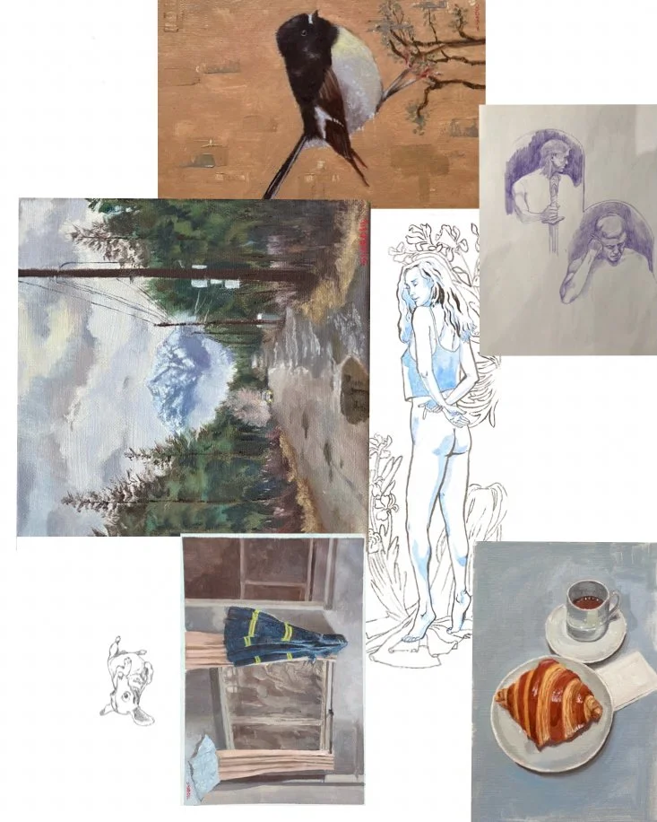 A collage of various art and everyday scenes including a bird on a branch, a landscape with mountains, trees, and a river, a woman sketch, a chef's coat, a cup of coffee with a croissant, and a pencil sketch of two people, with some drawings and paintings layered together.