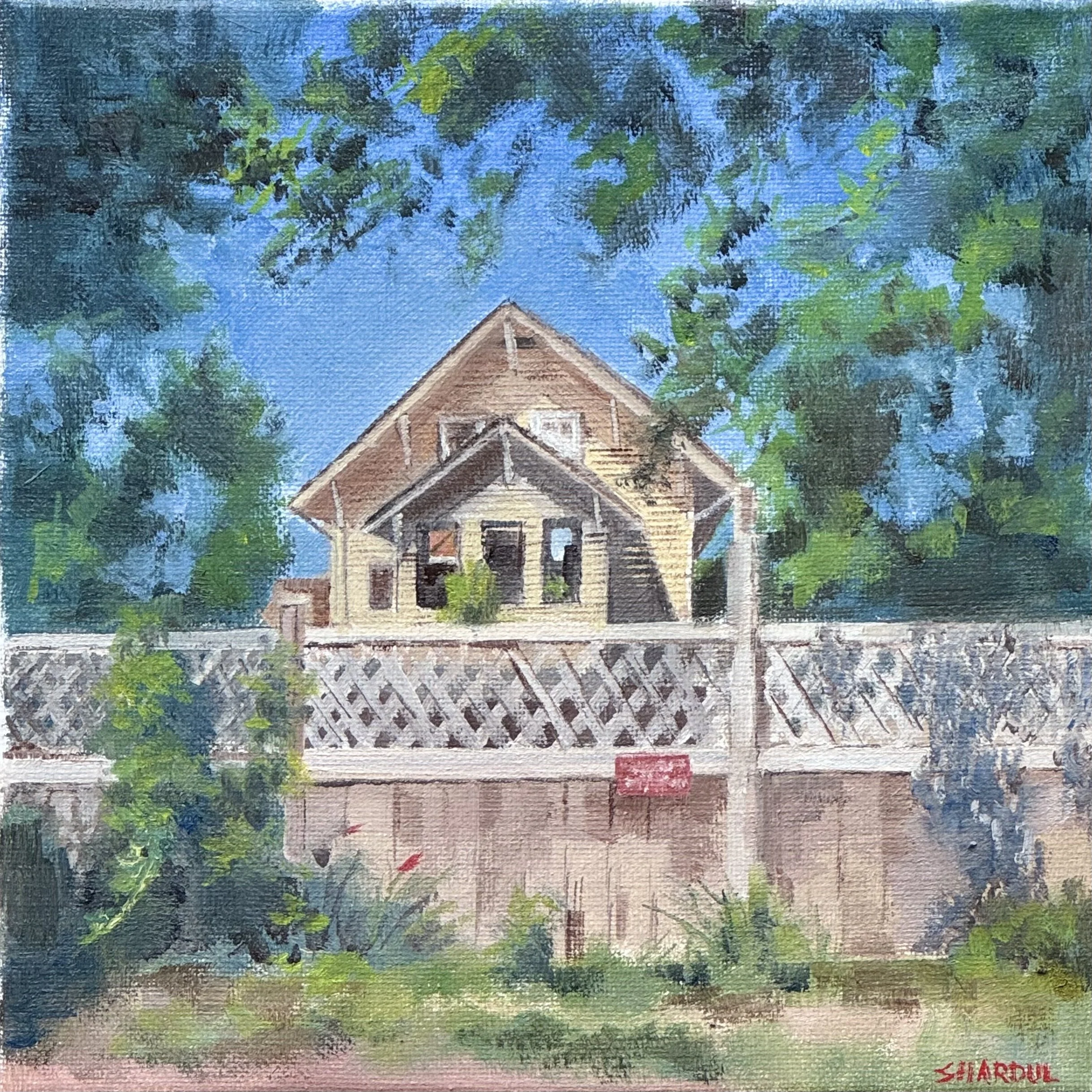 A painting of a house with a peaked roof and a porch, surrounded by trees and greenery, under a blue sky.